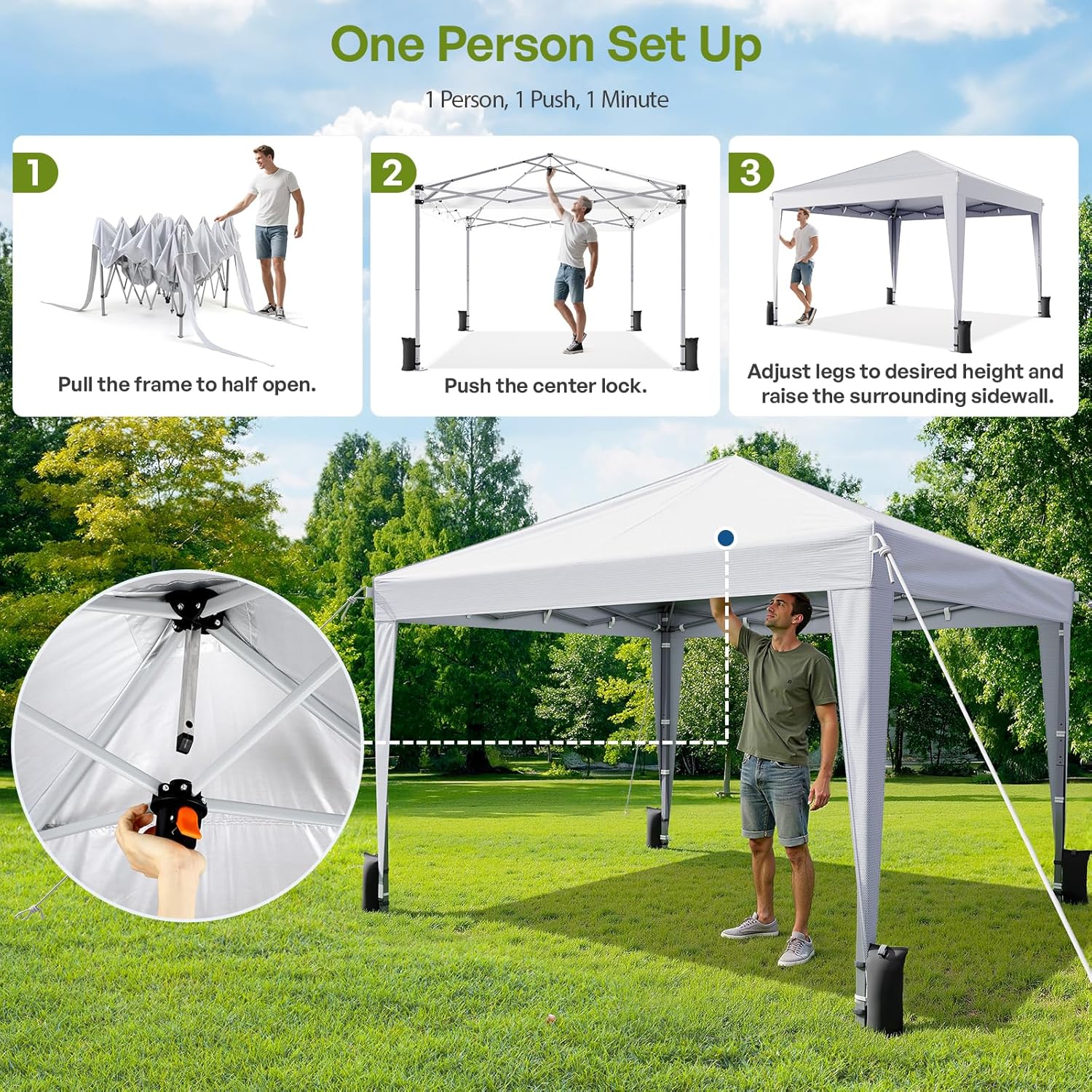 Driftalia 10x10 Pop Up Canopy Tent with Sidewalls. Instant Setup.White | One-Push Frame. 4 Removable Sidewalls. Carry Bag Included for Parties. Camping. Beach. Backyard & Outdoor Events
