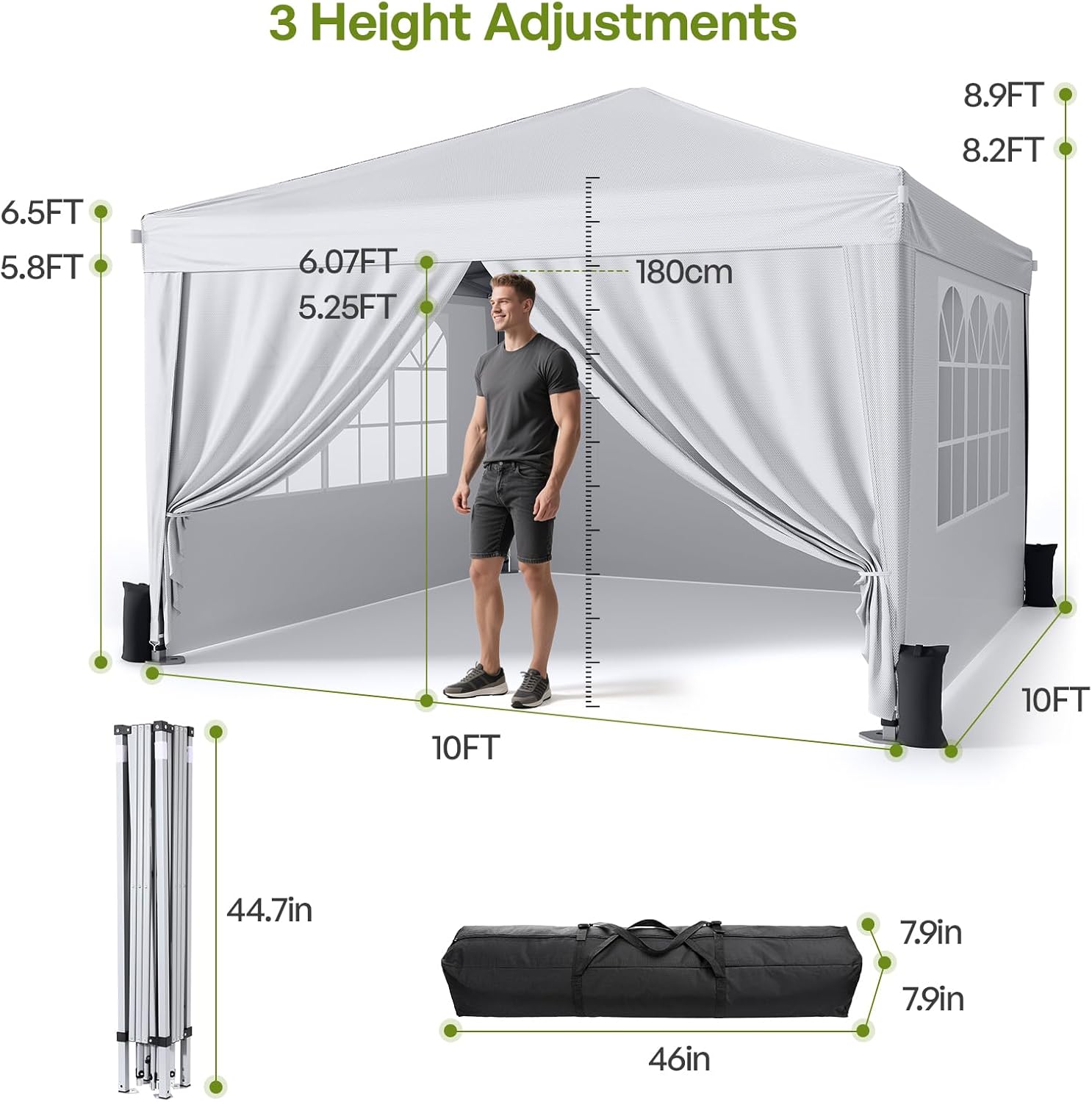 Driftalia 10x10 Pop Up Canopy Tent with Sidewalls. Instant Setup.White | One-Push Frame. 4 Removable Sidewalls. Carry Bag Included for Parties. Camping. Beach. Backyard & Outdoor Events
