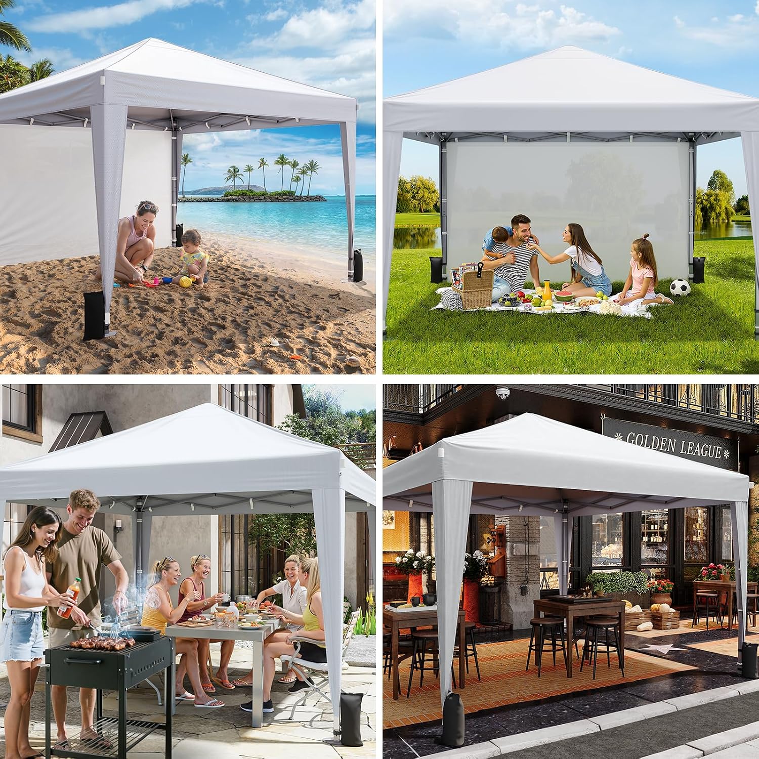 Driftalia 10x10 Pop Up Canopy Tent with Sidewalls. Instant Setup.White | One-Push Frame. 4 Removable Sidewalls. Carry Bag Included for Parties. Camping. Beach. Backyard & Outdoor Events