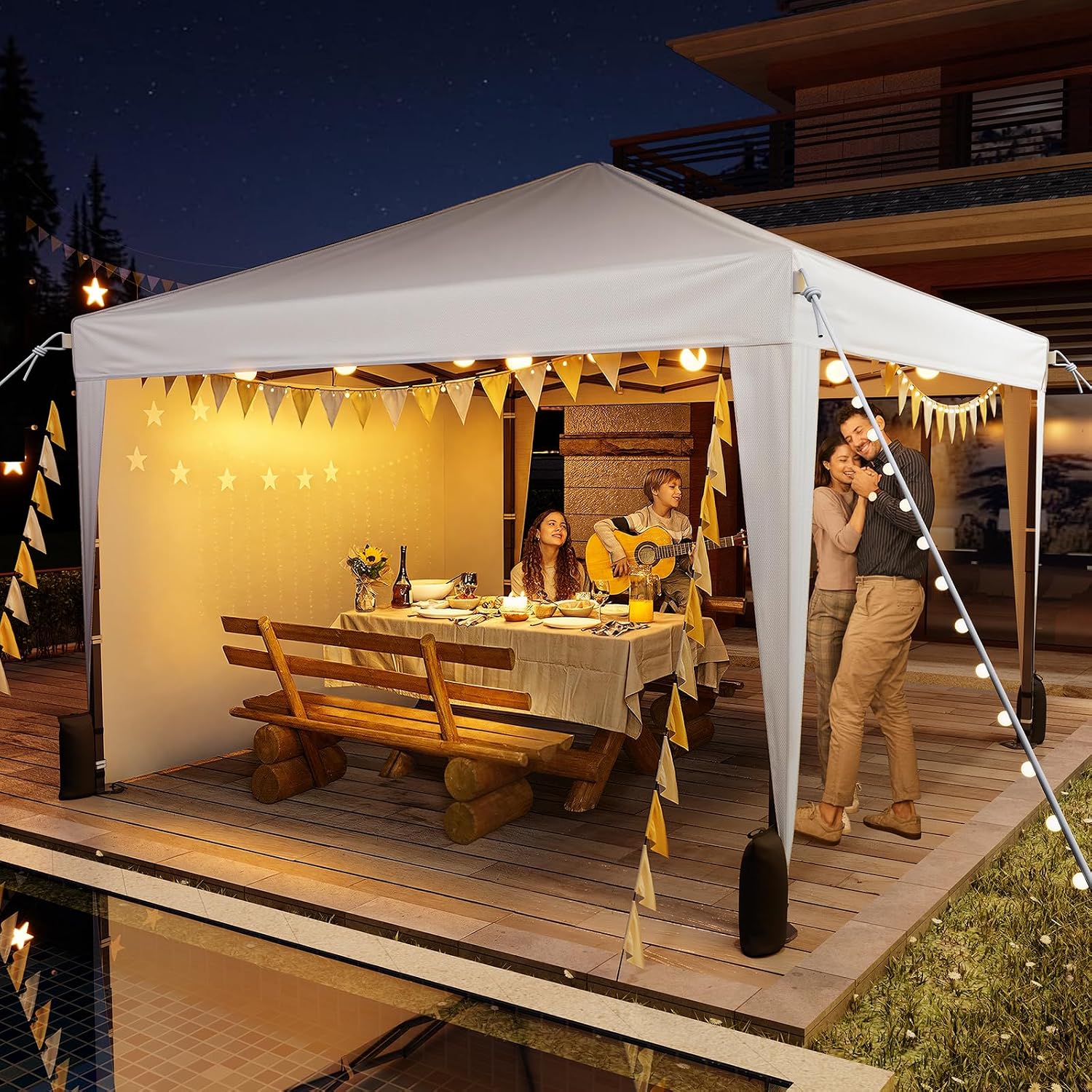 Driftalia 10x10 Pop Up Canopy Tent with Sidewalls. Instant Setup.White | One-Push Frame. 4 Removable Sidewalls. Carry Bag Included for Parties. Camping. Beach. Backyard & Outdoor Events