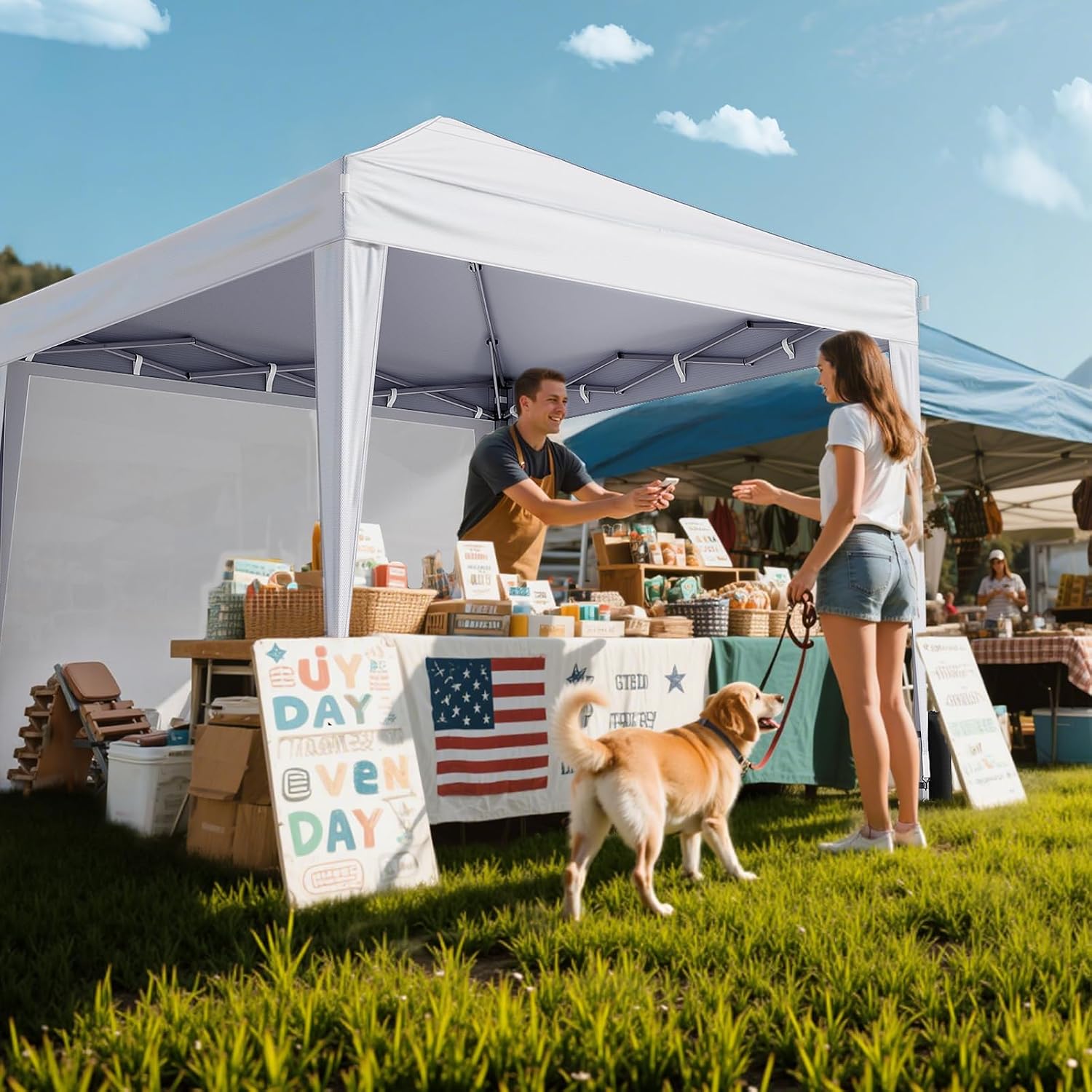 Driftalia 10x10 Pop Up Canopy Tent with Sidewalls. Instant Setup.White | One-Push Frame. 4 Removable Sidewalls. Carry Bag Included for Parties. Camping. Beach. Backyard & Outdoor Events