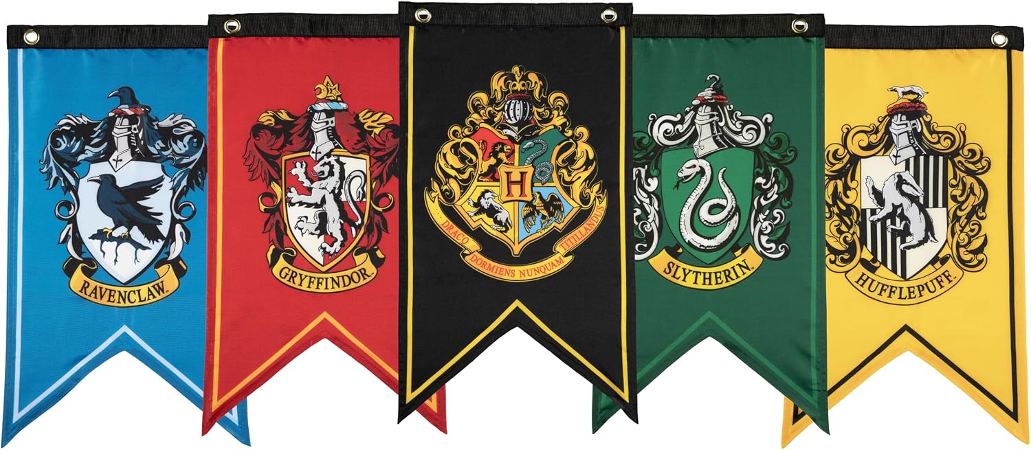 ConQuest Harry Potter Wizarding House Banner Official Flag Set | 12 x 20 Polyester Flags. Gryffindor. Slytherin. Ravenclaw & Hufflepuff Banners. Birthday Party