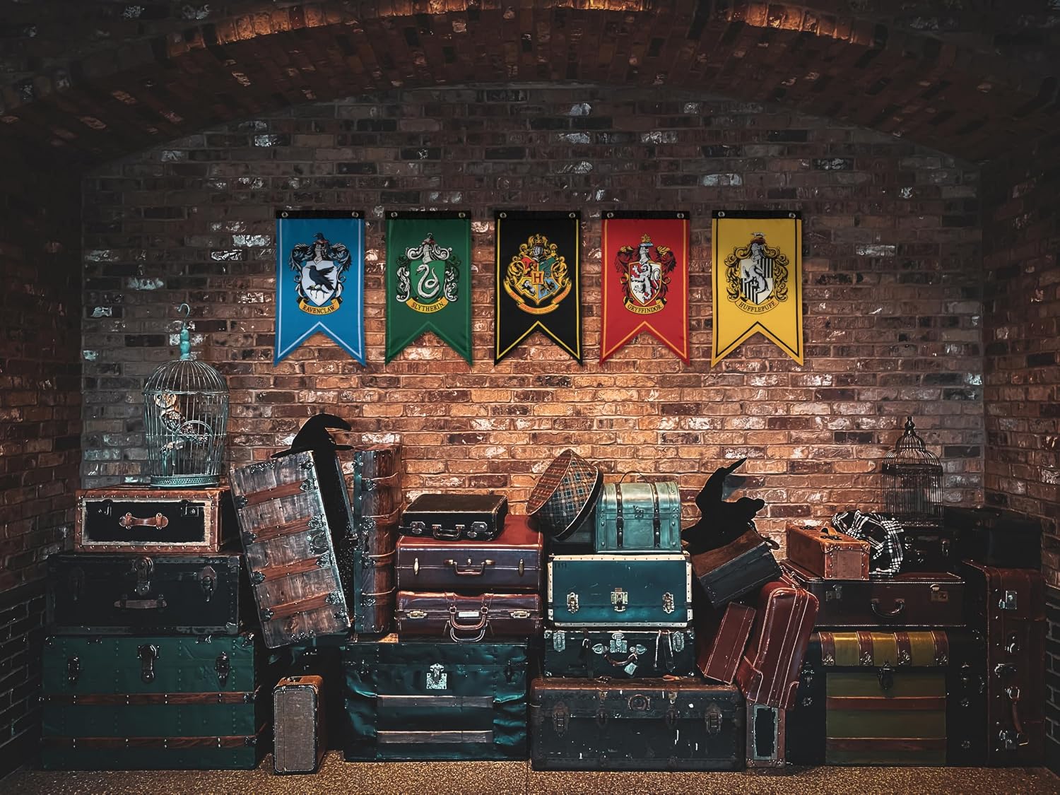 ConQuest Harry Potter Wizarding House Banner Official Flag Set | 12 x 20 Polyester Flags. Gryffindor. Slytherin. Ravenclaw & Hufflepuff Banners. Birthday Party