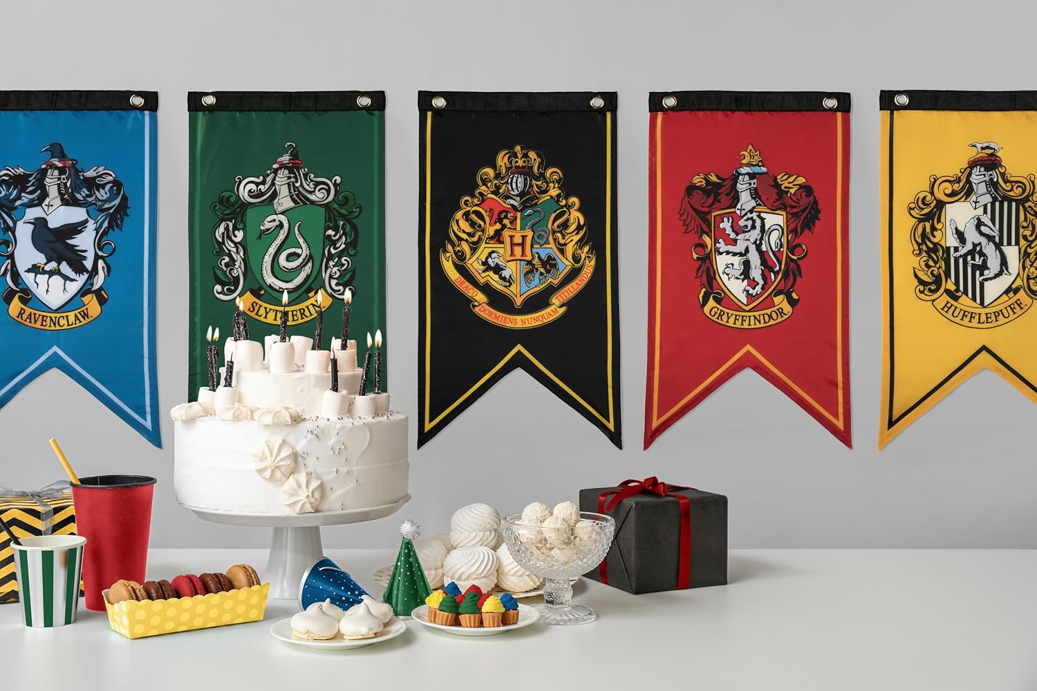 ConQuest Harry Potter Wizarding House Banner Official Flag Set | 12 x 20 Polyester Flags. Gryffindor. Slytherin. Ravenclaw & Hufflepuff Banners. Birthday Party