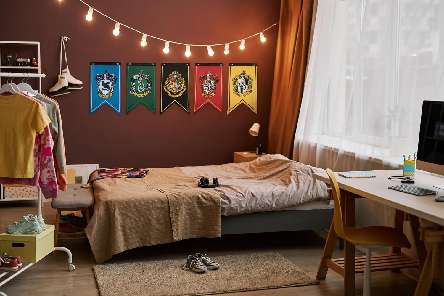 ConQuest Harry Potter Wizarding House Banner Official Flag Set | 12 x 20 Polyester Flags. Gryffindor. Slytherin. Ravenclaw & Hufflepuff Banners. Birthday Party