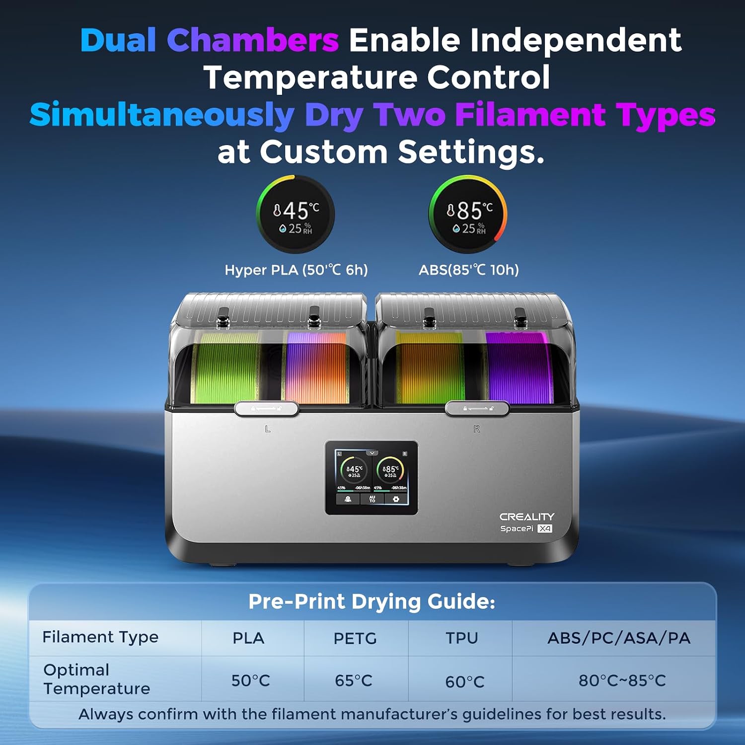 Creality Space Pi X4 Filament Dryer. 4-Roll 3D Printer Dry Box | 110W PTC heating. LCD touch control. 4-roll drying for PLA PETG ABS TPU nylon.