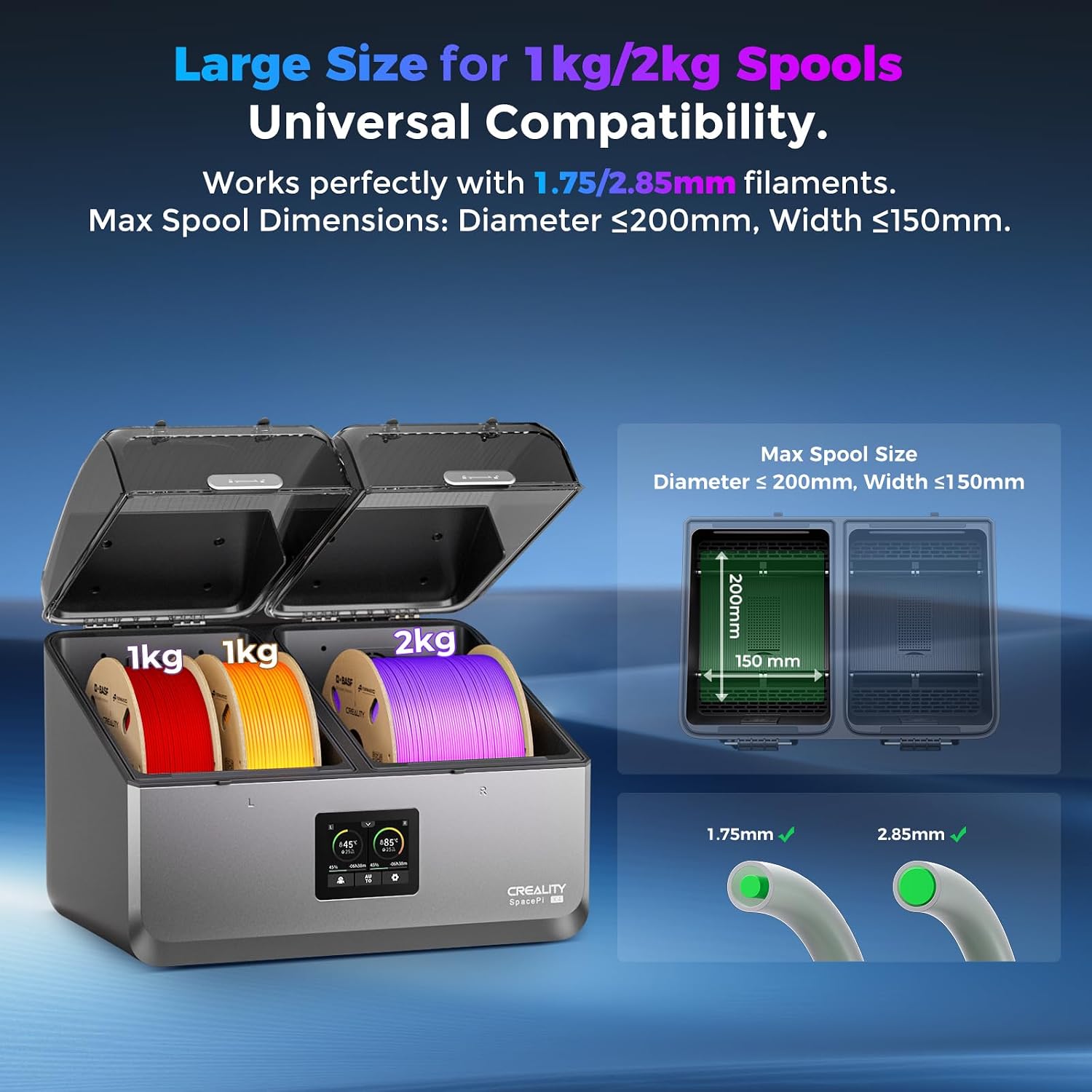 Creality Space Pi X4 Filament Dryer. 4-Roll 3D Printer Dry Box | 110W PTC heating. LCD touch control. 4-roll drying for PLA PETG ABS TPU nylon.