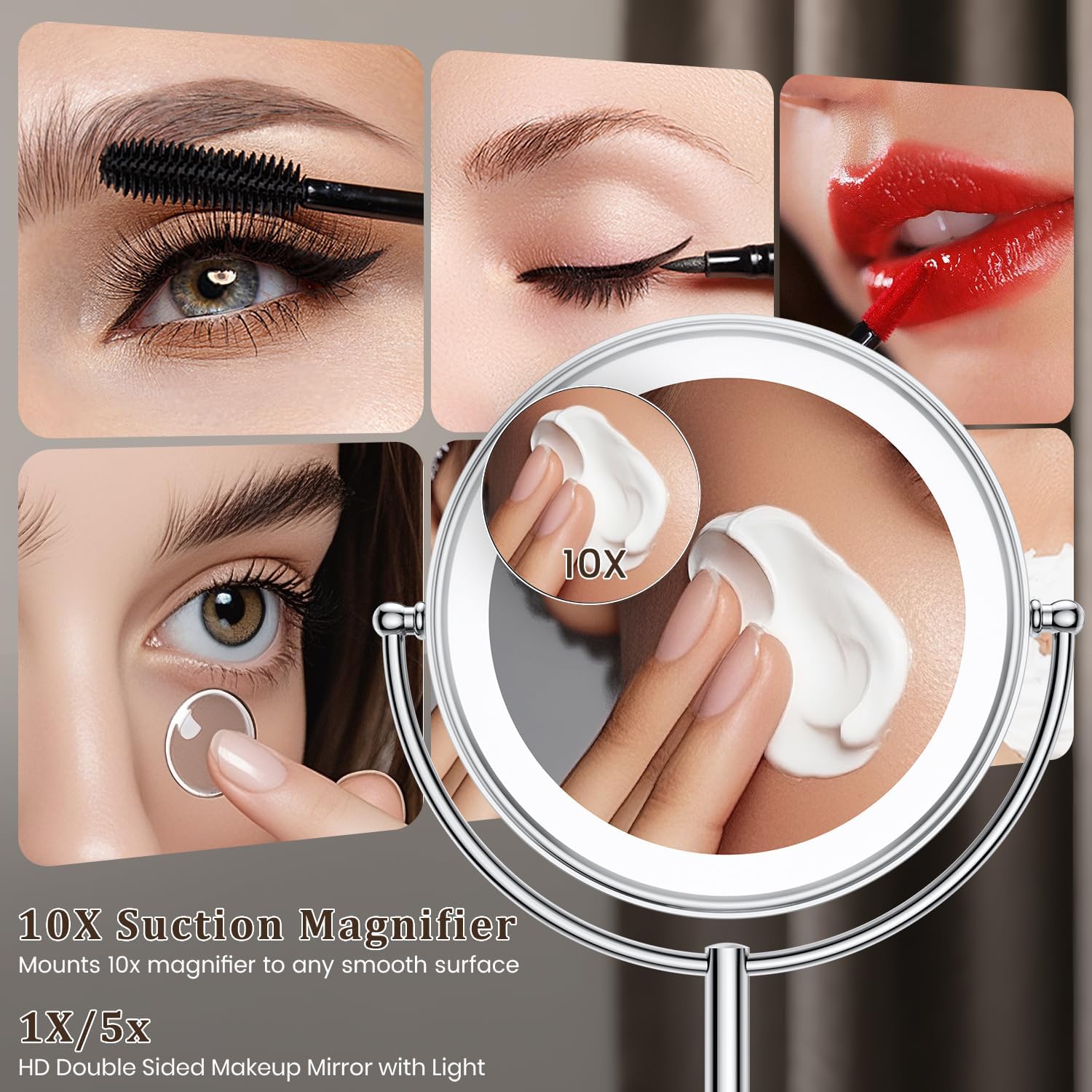 VESAUR 11.8 Extra Large 17 Tall Lighted Makeup Mirror. 1X/5X/10X 3-Sided Magnifying Mirror with 96 LEDs. 3 Color Dimmable Lights. 360° Swivel Dual Power Vanity Mirror. Silver Nickel Luxury Gift Box