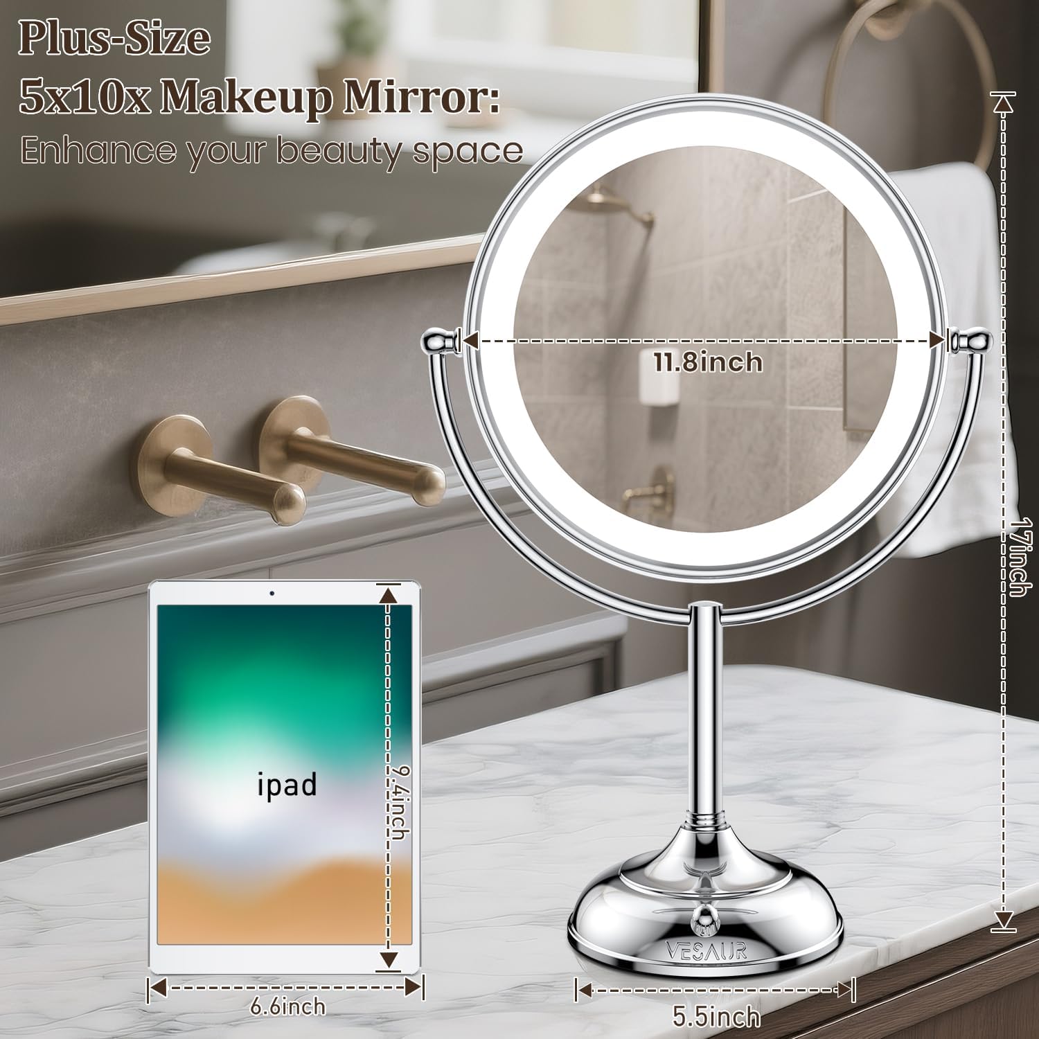 VESAUR 11.8 Extra Large 17 Tall Lighted Makeup Mirror. 1X/5X/10X 3-Sided Magnifying Mirror with 96 LEDs. 3 Color Dimmable Lights. 360° Swivel Dual Power Vanity Mirror. Silver Nickel Luxury Gift Box