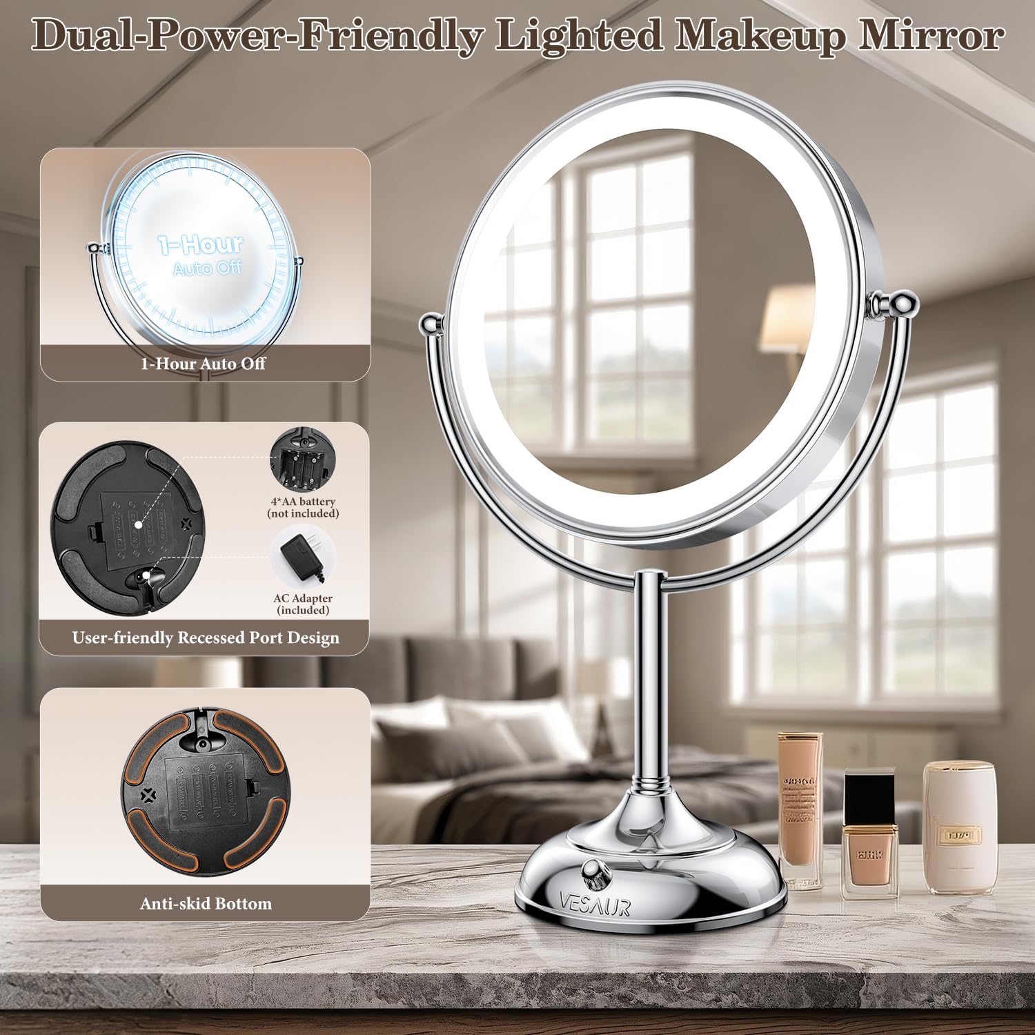 VESAUR 11.8 Extra Large 17 Tall Lighted Makeup Mirror. 1X/5X/10X 3-Sided Magnifying Mirror with 96 LEDs. 3 Color Dimmable Lights. 360° Swivel Dual Power Vanity Mirror. Silver Nickel Luxury Gift Box