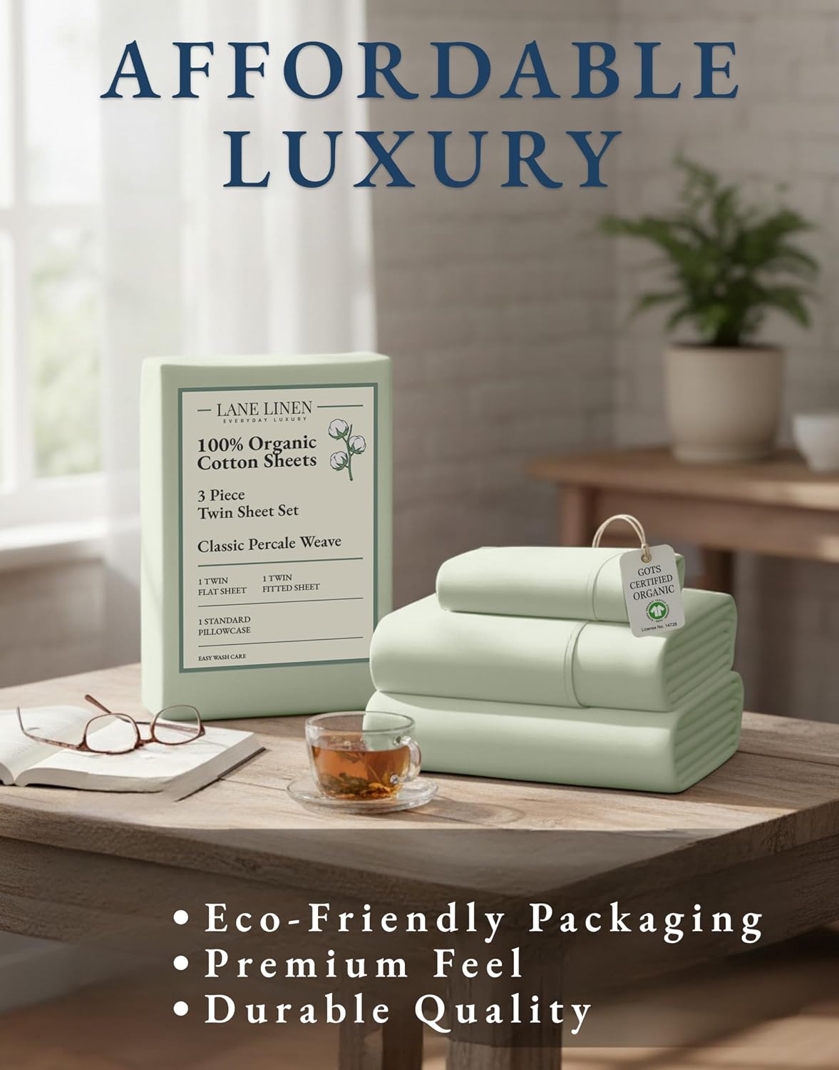 LANE LINEN 100% Organic Cotton Twin Sheets. Soft & Comfy Percale Weave Mercerized Fully Elasticized Reinforsed Seam Naturally Temperature Regulating Cotton Sheets Twin- Mineral