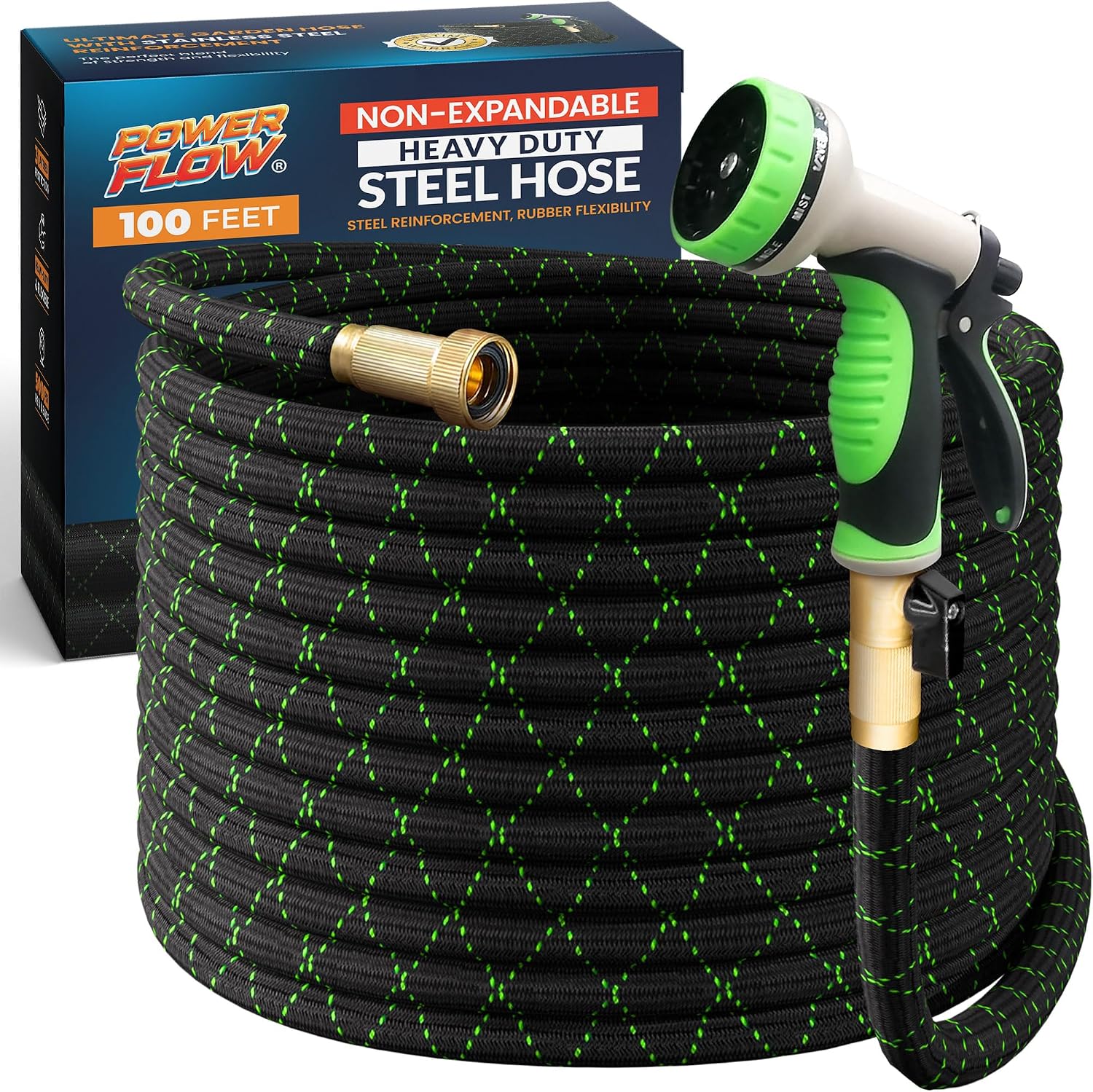 PowerFlow Garden Hose. NON-EXPANDABLE 100ft Premium Quality Stainless Steel Metal Water Hose with Durable Fabric Skin. Hose For Commercial. Residential Use. Bonus 10-way Spray Nozzle (100 Ft. Black)
