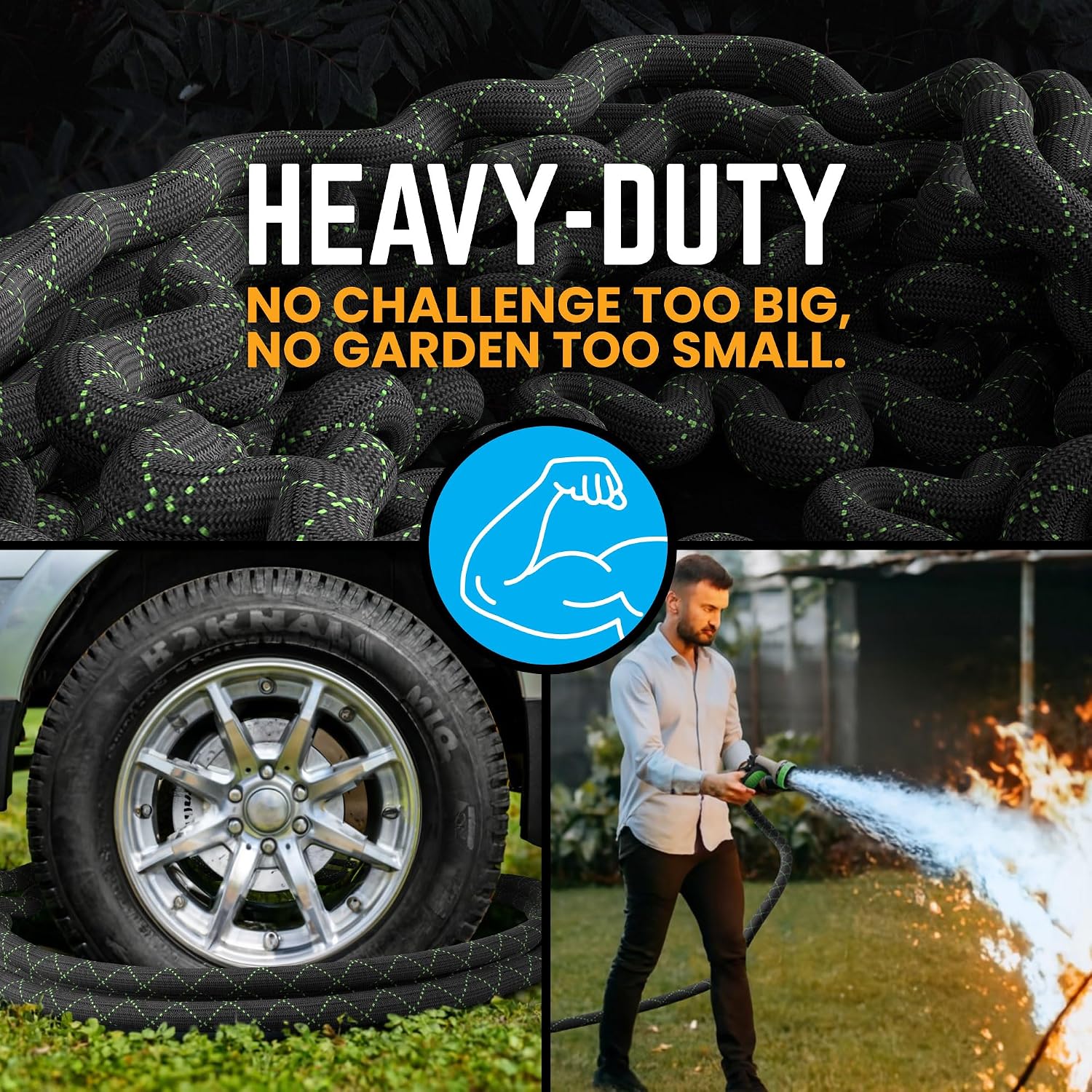 PowerFlow Garden Hose. NON-EXPANDABLE 100ft Premium Quality Stainless Steel Metal Water Hose with Durable Fabric Skin. Hose For Commercial. Residential Use. Bonus 10-way Spray Nozzle (100 Ft. Black)