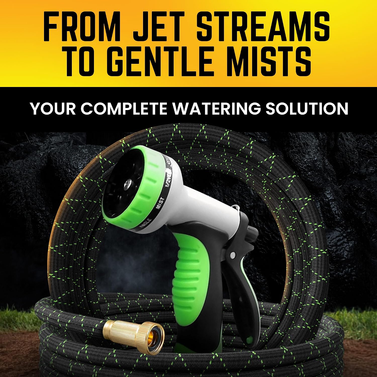 PowerFlow Garden Hose. NON-EXPANDABLE 100ft Premium Quality Stainless Steel Metal Water Hose with Durable Fabric Skin. Hose For Commercial. Residential Use. Bonus 10-way Spray Nozzle (100 Ft. Black)