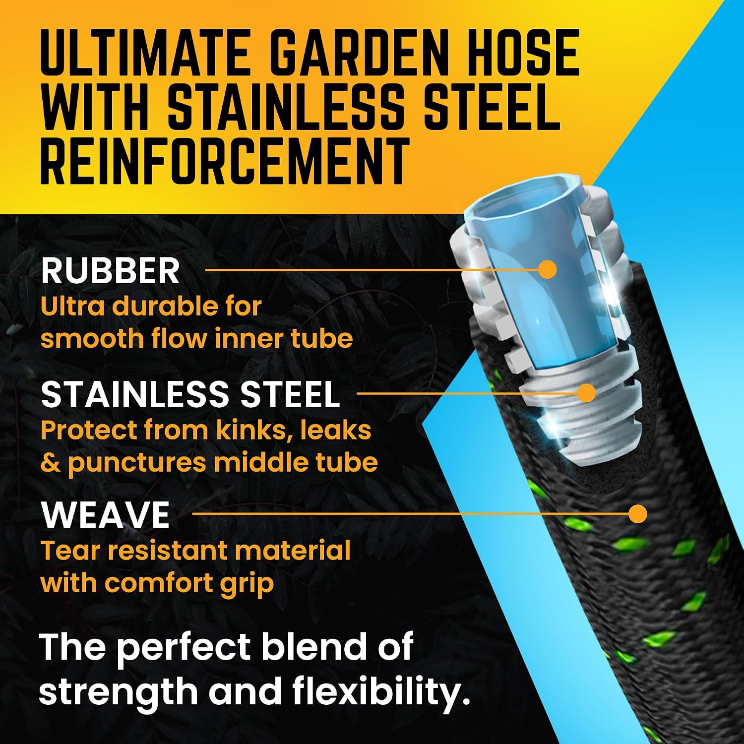 PowerFlow Garden Hose. NON-EXPANDABLE 100ft Premium Quality Stainless Steel Metal Water Hose with Durable Fabric Skin. Hose For Commercial. Residential Use. Bonus 10-way Spray Nozzle (100 Ft. Black)