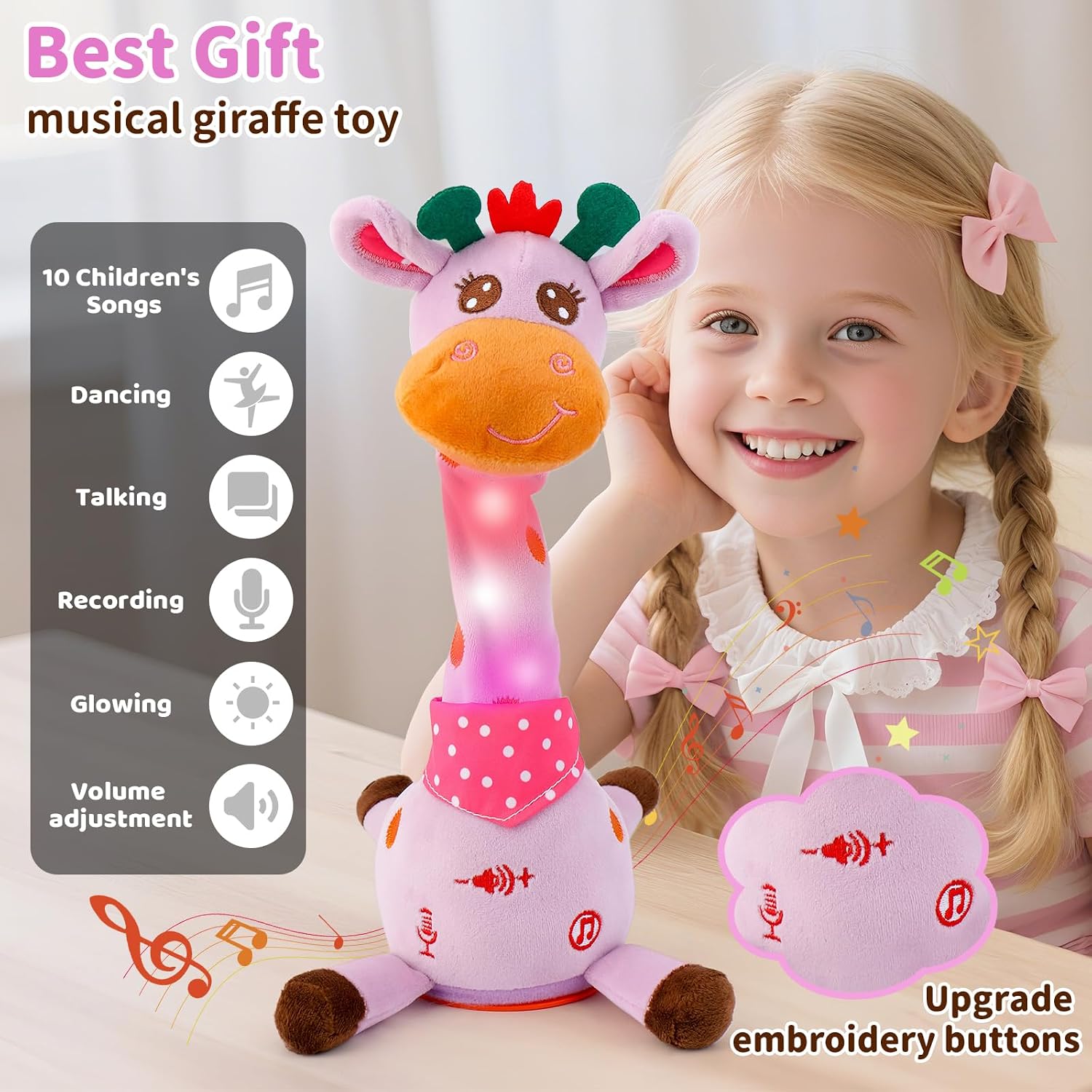 Emoin Talking Giraffe Baby Toy. Dancing Giraffe Plush Toy Musical Giraffe Mimicking Toy.Talking Repeat Singing 10 Pcs Songs Repeating What You Say Sing+Dancing+Recording+LED (Adjustable Volume) | Talking Repeat Singing 10 Songs Repeating What You Say. Dancing Recording LED. Adjustable Volume