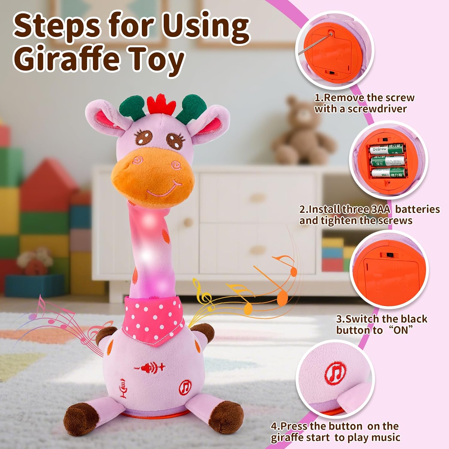 Emoin Talking Giraffe Baby Toy. Dancing Giraffe Plush Toy Musical Giraffe Mimicking Toy.Talking Repeat Singing 10 Pcs Songs Repeating What You Say Sing+Dancing+Recording+LED (Adjustable Volume) | Talking Repeat Singing 10 Songs Repeating What You Say. Dancing Recording LED. Adjustable Volume