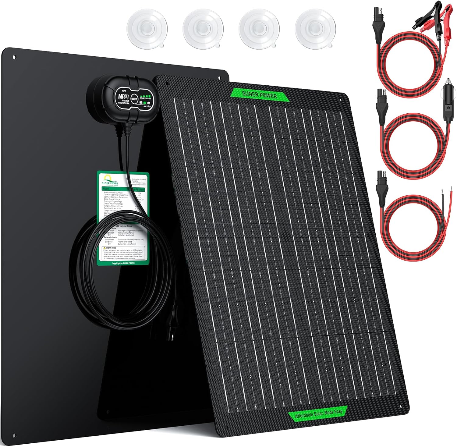 SUNER POWER Waterproof 50W 12V Solar Battery Charger & Maintainer PRO. Built-in UltraSmart MPPT Charge Controller. 12 Volt Solar Panel Trickle Charging Kits for Car Automotive Boat Marine RV Trailer