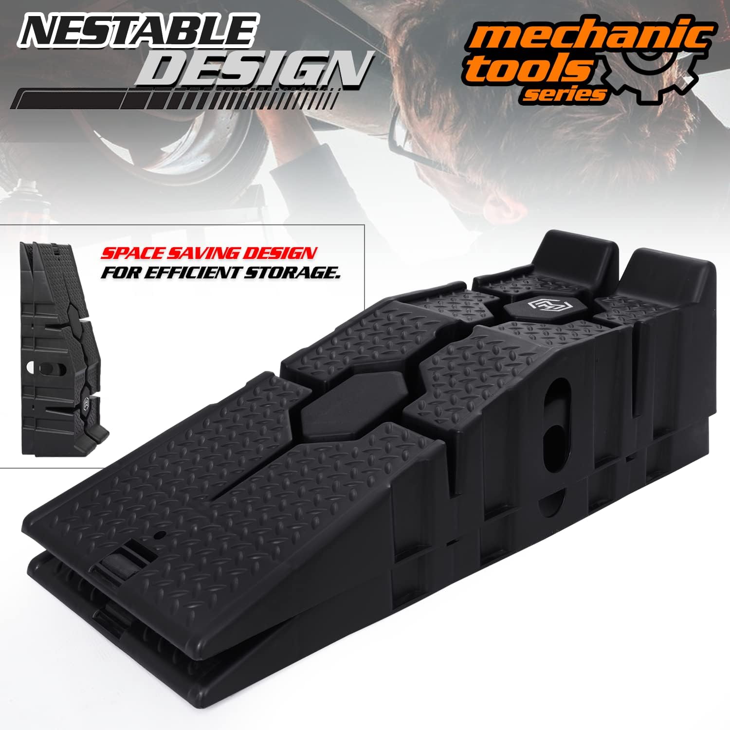 M-AUTO Vehicle Ramp Set of 2 Universal Drive-On 2-Stage Incline Ramps. 2.5 Ton (5000 lb) Lifting Capacity. Nestable & Portable Auto Service Ramp