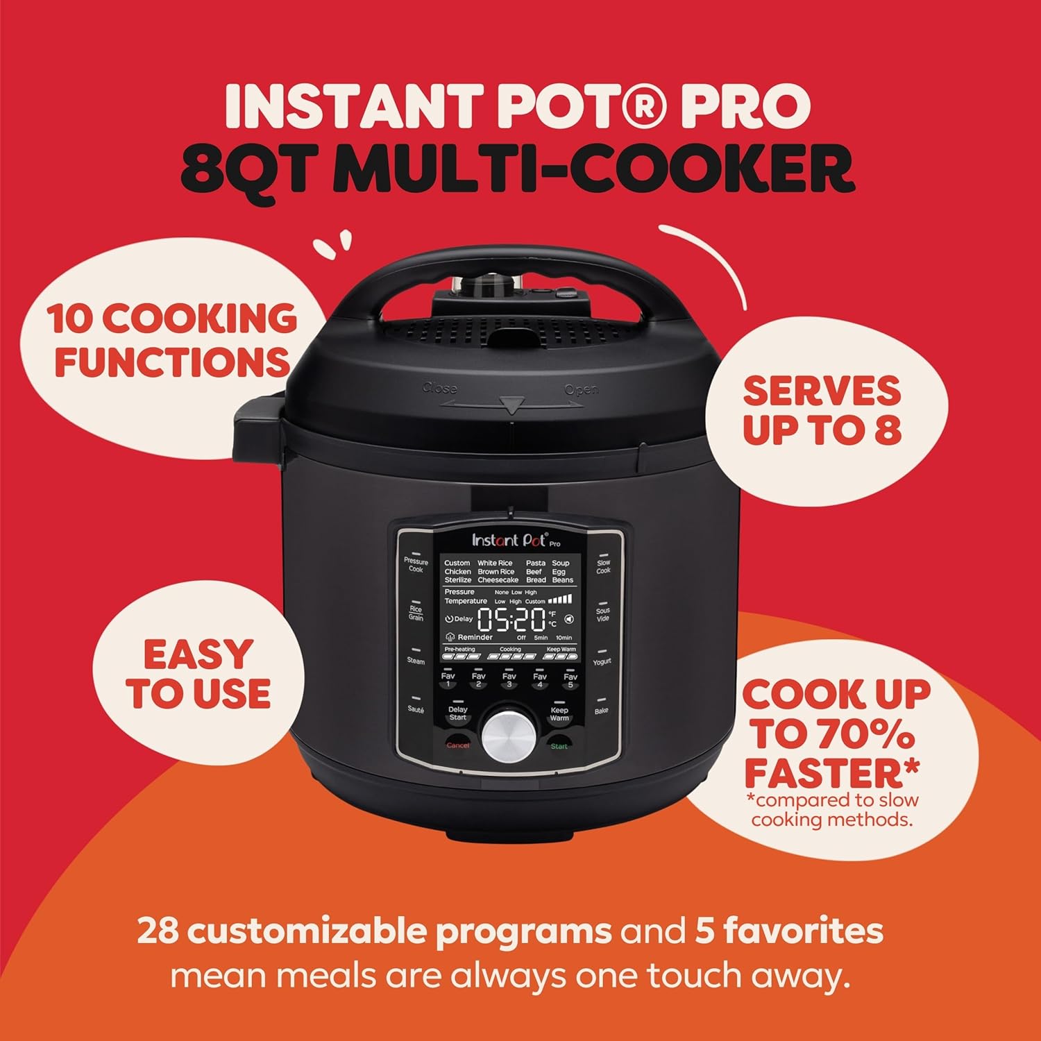 Instant Pot Pro (8 QT) 10-in-1 Pressure Cooker. Slow Cooker. Rice/Grain Cooker. Steamer. Sauté. Sous Vide. Yogurt Maker. Sterilizer. and Warmer. Includes App with Over 800 Recipes. Black