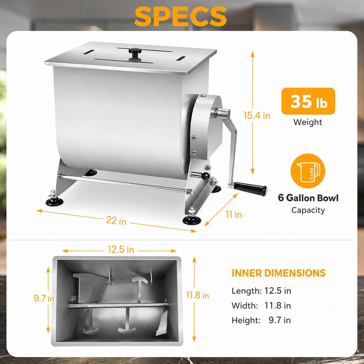 Wutfly 35 lb Manual Meat Mixer. 6 Gal Tilting Bowl. Removable Paddle | 6 gallon tilting bowl helps load ingredients. remove mixed meat. and improve batch preparation efficiency.