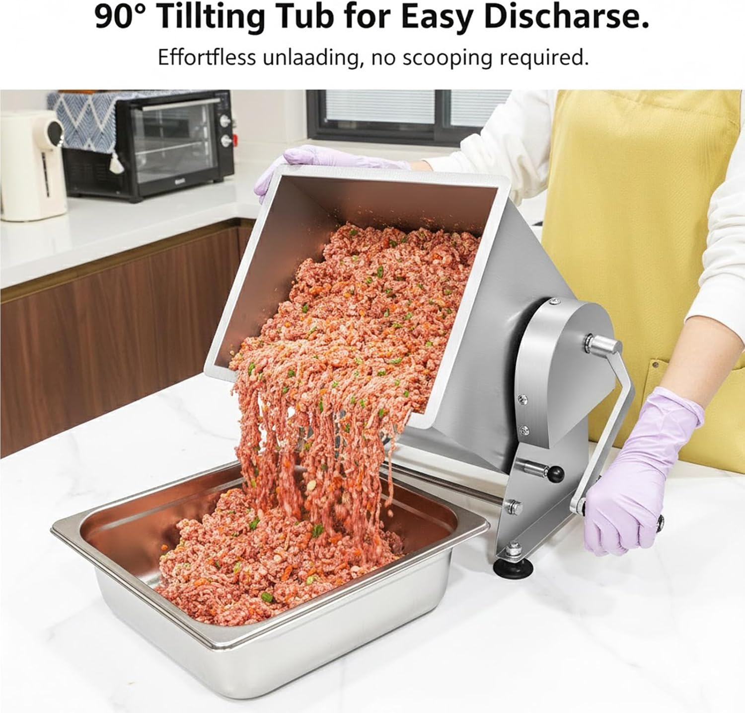 Wutfly 35 lb Manual Meat Mixer. 6 Gal Tilting Bowl. Removable Paddle | 6 gallon tilting bowl helps load ingredients. remove mixed meat. and improve batch preparation efficiency.