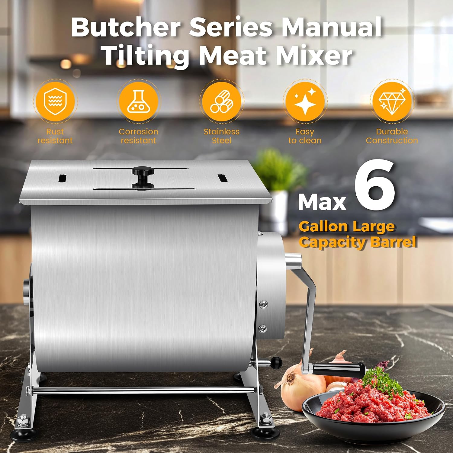 Wutfly 35 lb Manual Meat Mixer. 6 Gal Tilting Bowl. Removable Paddle | 6 gallon tilting bowl helps load ingredients. remove mixed meat. and improve batch preparation efficiency.