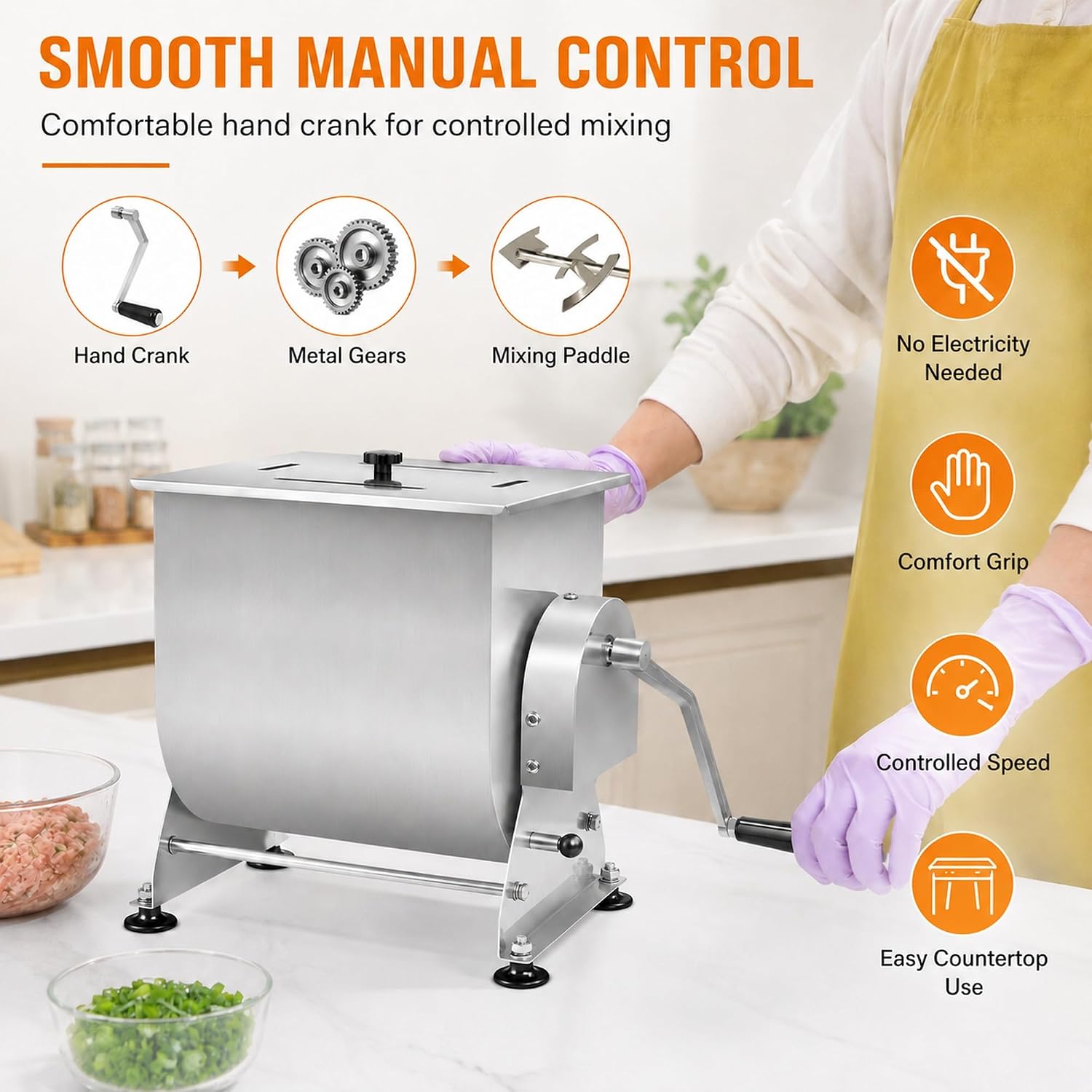 Wutfly 35 lb Manual Meat Mixer. 6 Gal Tilting Bowl. Removable Paddle | 6 gallon tilting bowl helps load ingredients. remove mixed meat. and improve batch preparation efficiency.