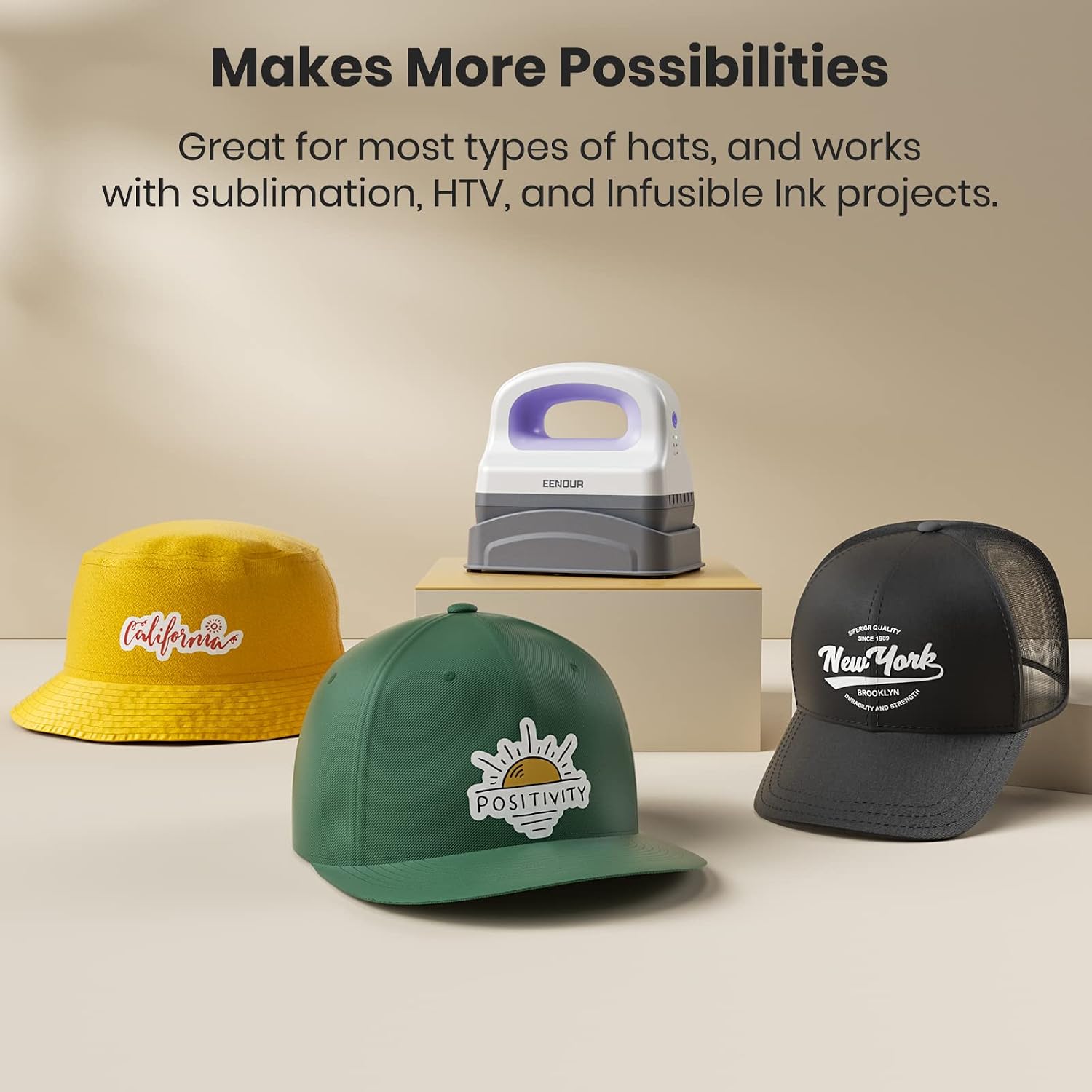 EENOUR Hat Press Machine. Mini Heat Press for Caps with 3 Heating Levels & Auto-Off. Handheld Cap Easy Press with 3×5.5 Arched Heating Plate. 2 Press Platens. A Safety Base