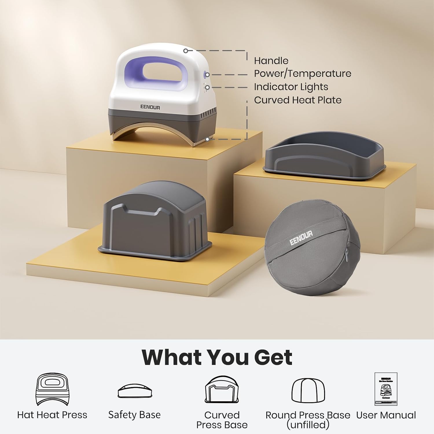 EENOUR Hat Press Machine. Mini Heat Press for Caps with 3 Heating Levels & Auto-Off. Handheld Cap Easy Press with 3×5.5 Arched Heating Plate. 2 Press Platens. A Safety Base