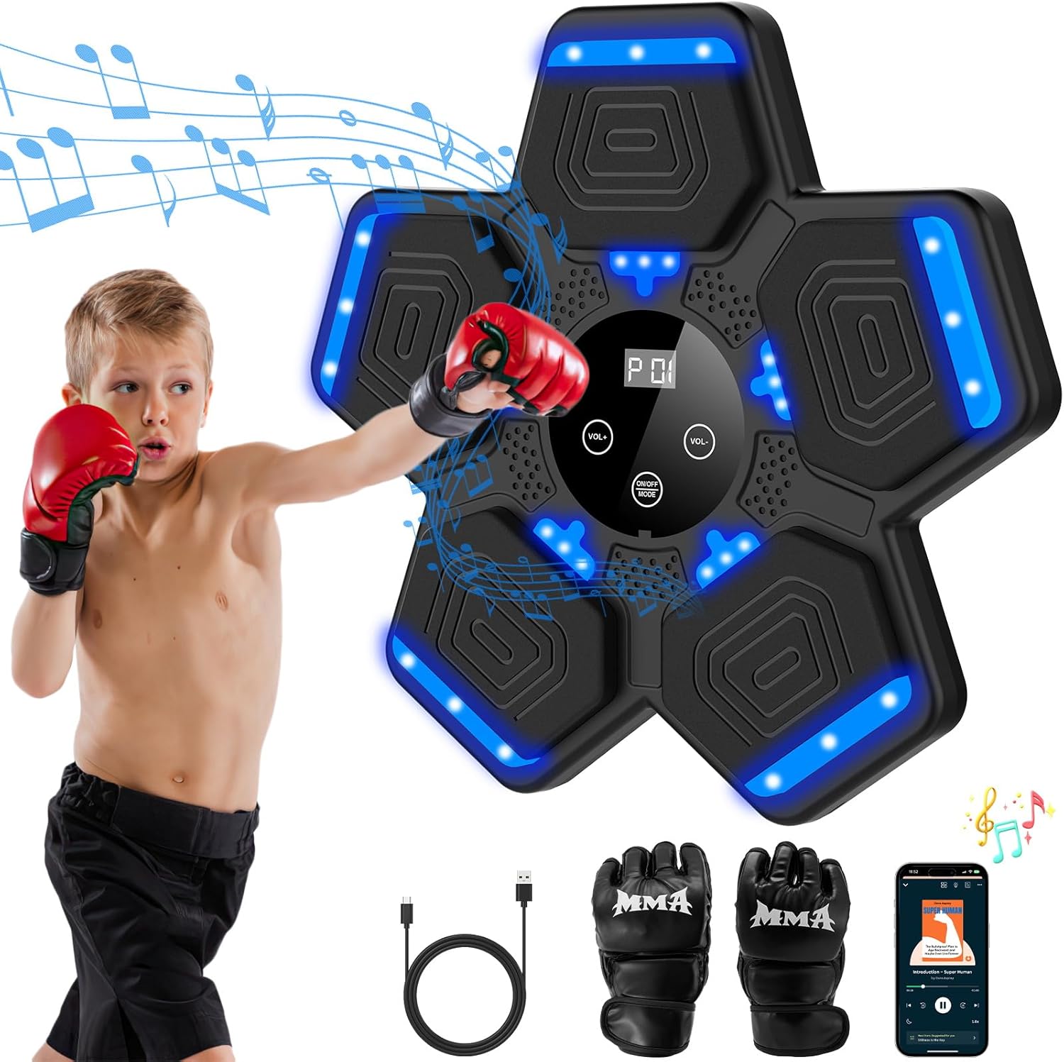Music Boxing Machine. Wall Mounted Bluetooth Punching Pad with Gloves | Height Adjustable Easy Setup with 5 Levels for Adults and Kids. Bluetooth Music Boxing for All Groups at Home and Office