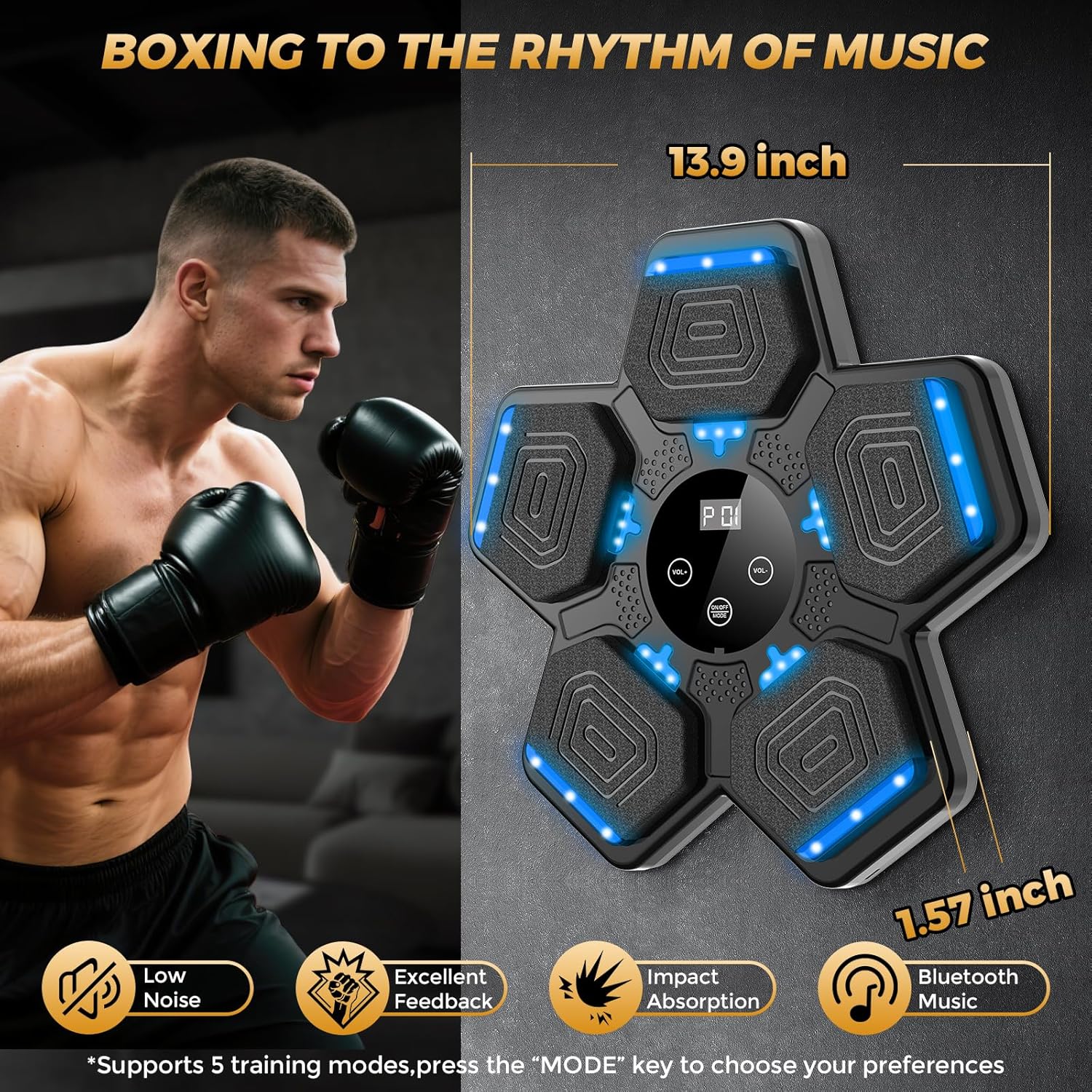Music Boxing Machine. Wall Mounted Bluetooth Punching Pad with Gloves | Height Adjustable Easy Setup with 5 Levels for Adults and Kids. Bluetooth Music Boxing for All Groups at Home and Office