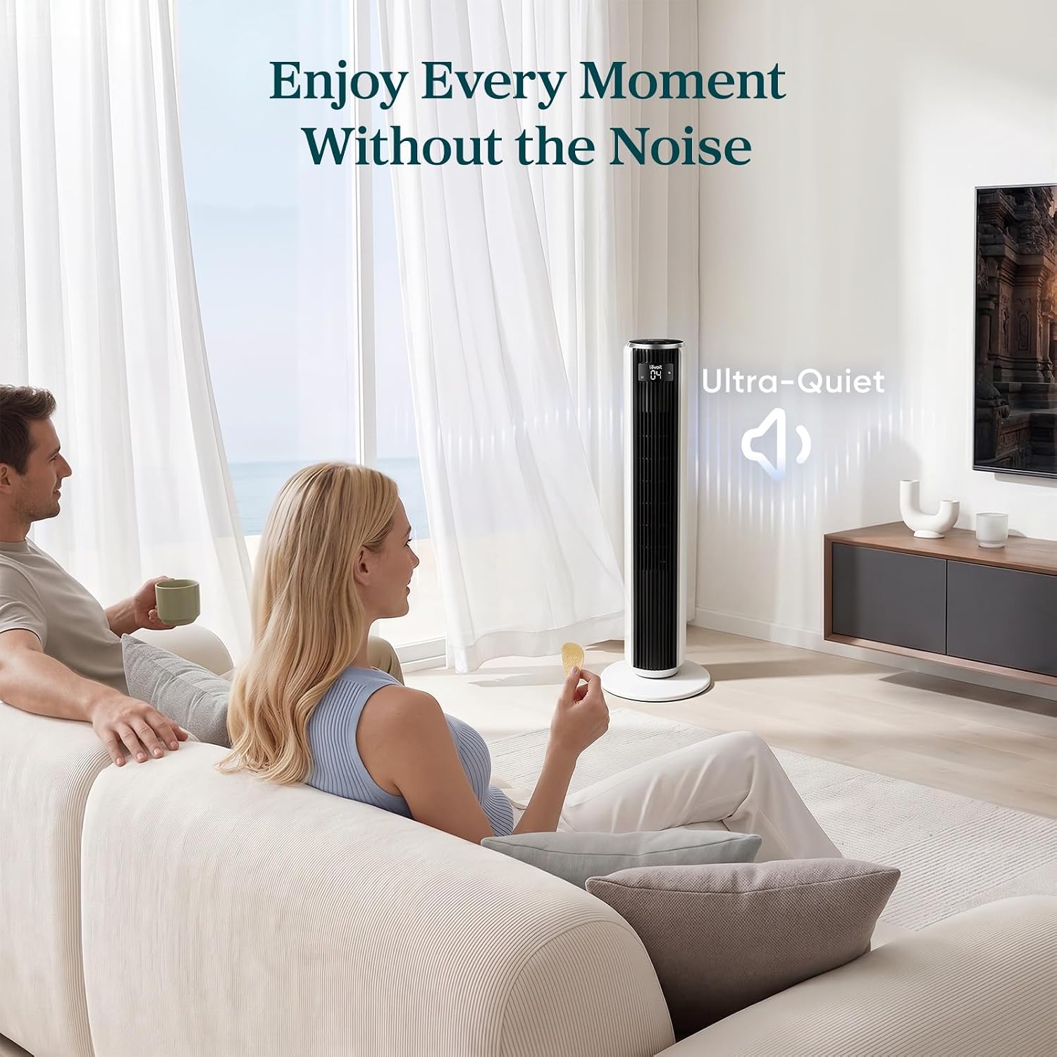 Levoit Tower Fan for Bedroom. 28ft/s Fans that Blow Cold Air. 28dB Quiet | Standing Floor Fan for Room. 90° Oscillating. 5 Speeds 4 Modes & Temp Sensor. Bladeless. 12H Timer. Remoter. 36 inch. White