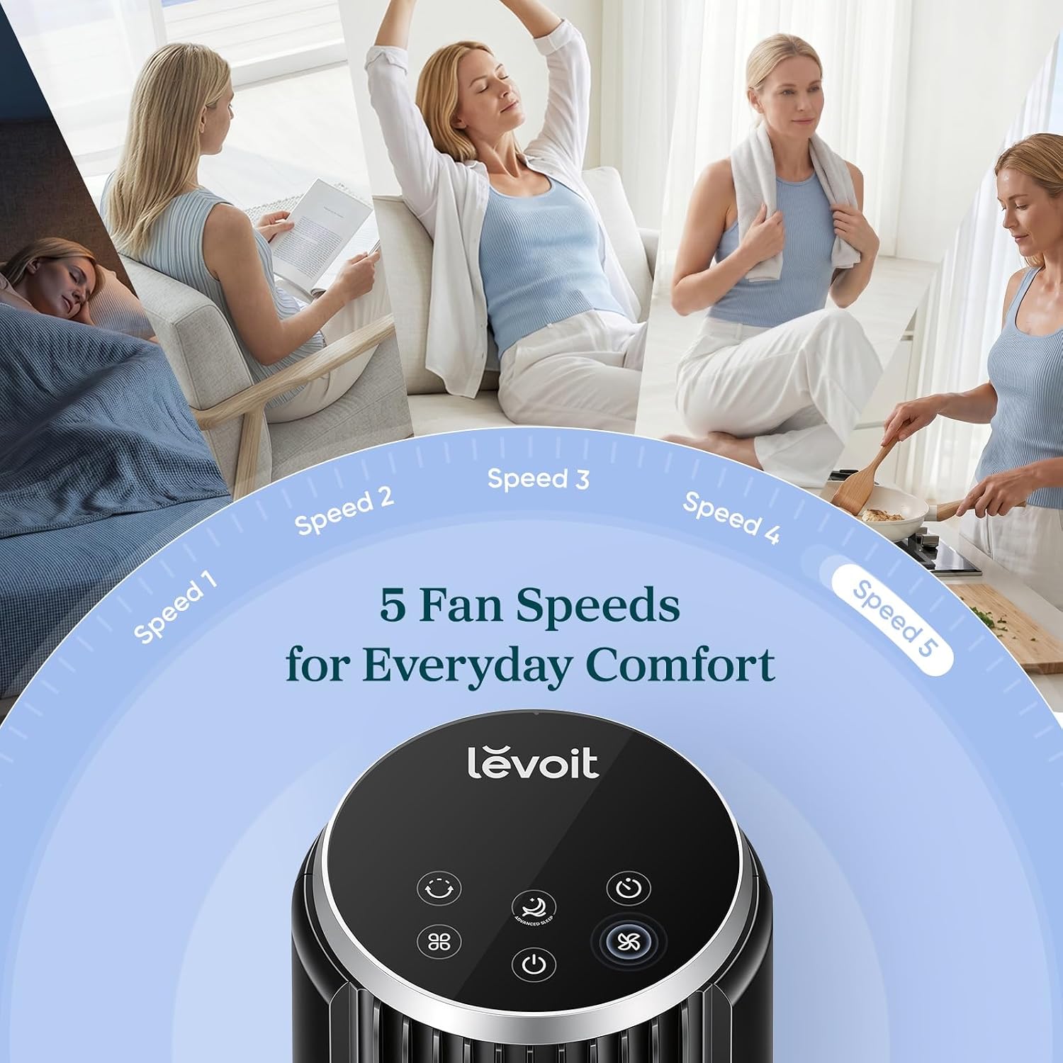 Levoit Tower Fan for Bedroom. 28ft/s Fans that Blow Cold Air. 28dB Quiet | Standing Floor Fan for Room. 90° Oscillating. 5 Speeds 4 Modes & Temp Sensor. Bladeless. 12H Timer. Remoter. 36 inch. White