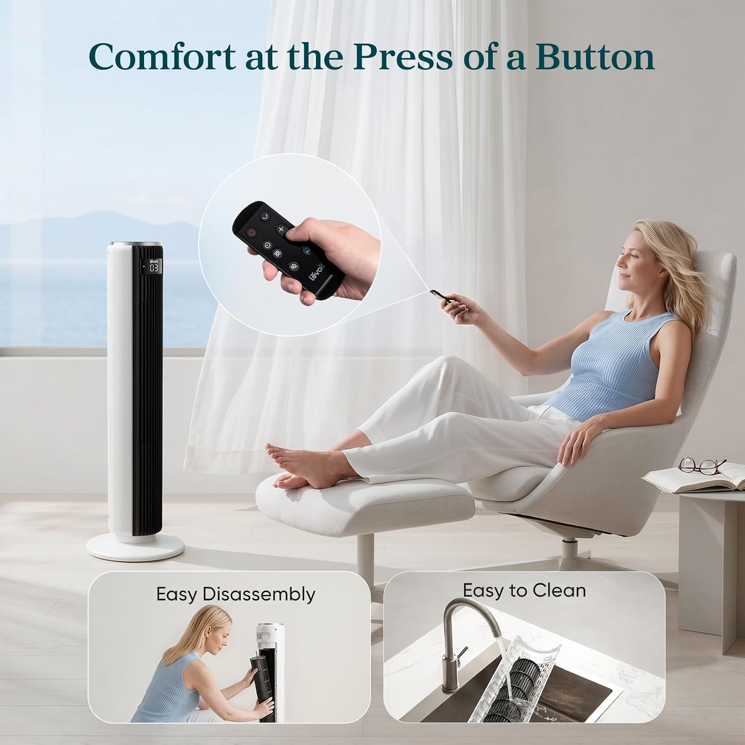 Levoit Tower Fan for Bedroom. 28ft/s Fans that Blow Cold Air. 28dB Quiet | Standing Floor Fan for Room. 90° Oscillating. 5 Speeds 4 Modes & Temp Sensor. Bladeless. 12H Timer. Remoter. 36 inch. White