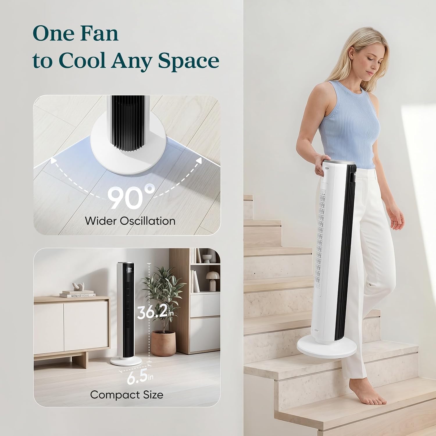 Levoit Tower Fan for Bedroom. 28ft/s Fans that Blow Cold Air. 28dB Quiet | Standing Floor Fan for Room. 90° Oscillating. 5 Speeds 4 Modes & Temp Sensor. Bladeless. 12H Timer. Remoter. 36 inch. White