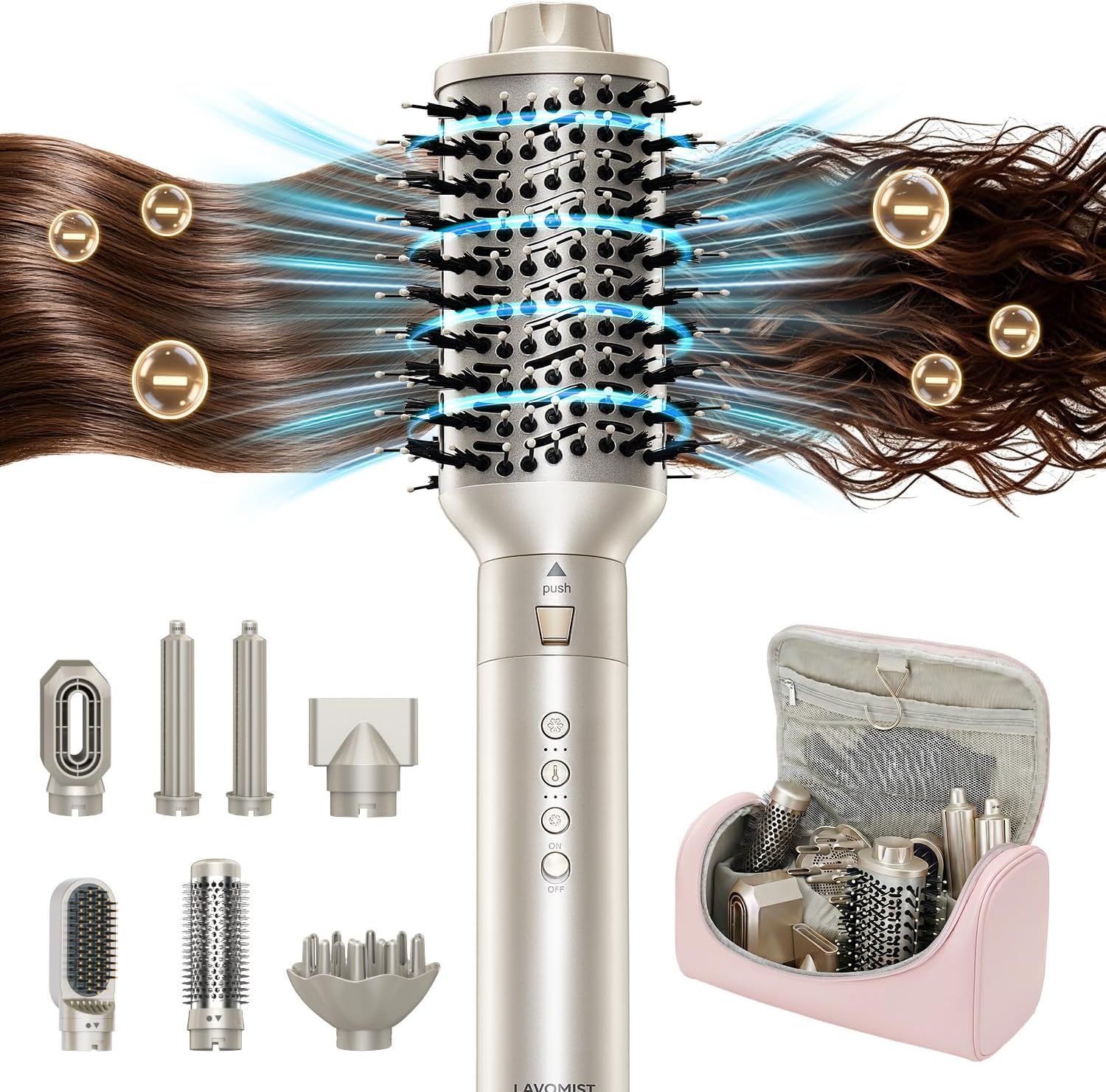Lavomist 8-in-1 Travel Dual Voltage Hot Air Styler Set No Heat Damage | 110.000 RPM Ionic Hair Dryer Brush with Attachments for Volumize Curle Straighten Frizz-Free Blowout Gifts for Women Family
