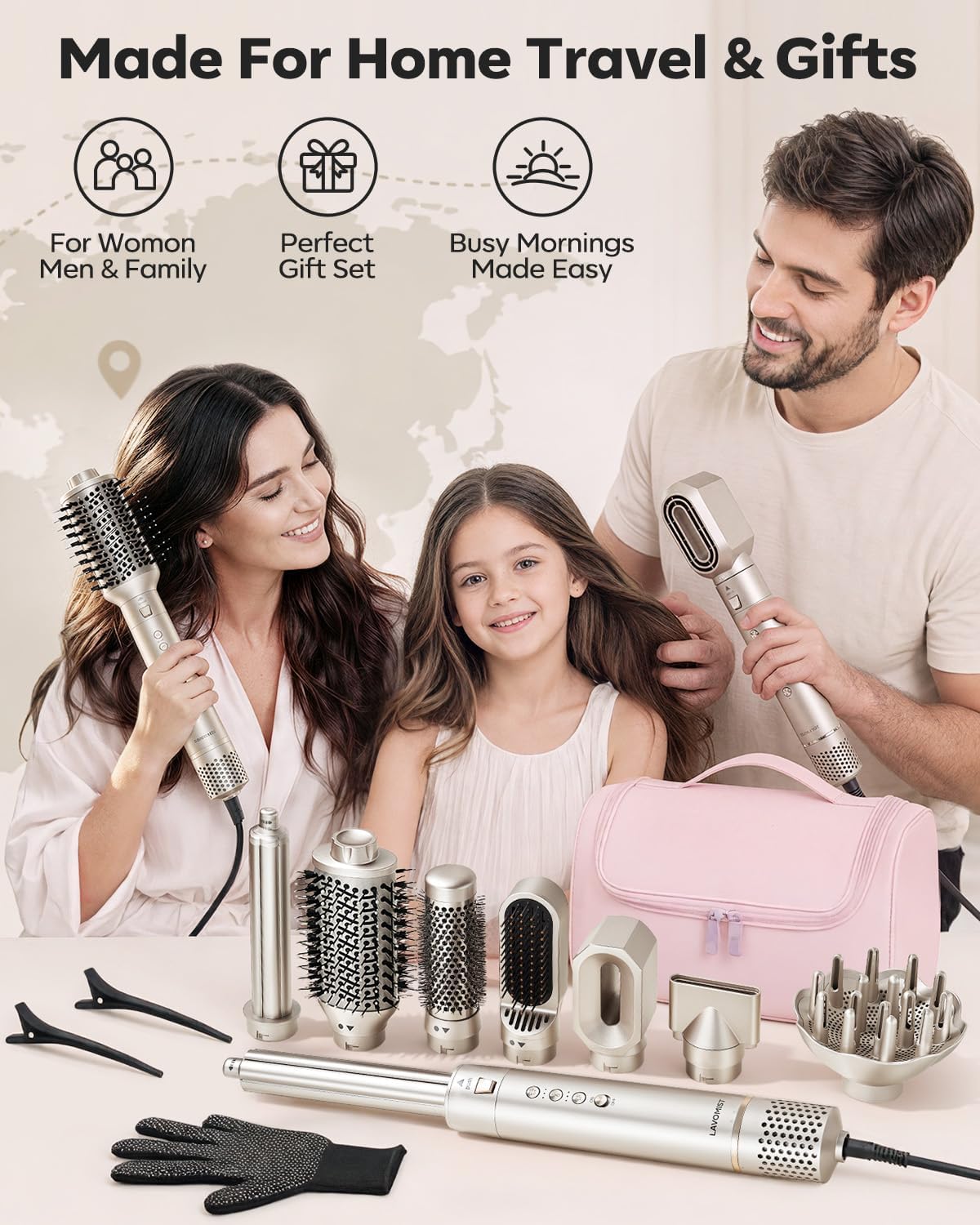 Lavomist 8-in-1 Travel Dual Voltage Hot Air Styler Set No Heat Damage | 110.000 RPM Ionic Hair Dryer Brush with Attachments for Volumize Curle Straighten Frizz-Free Blowout Gifts for Women Family