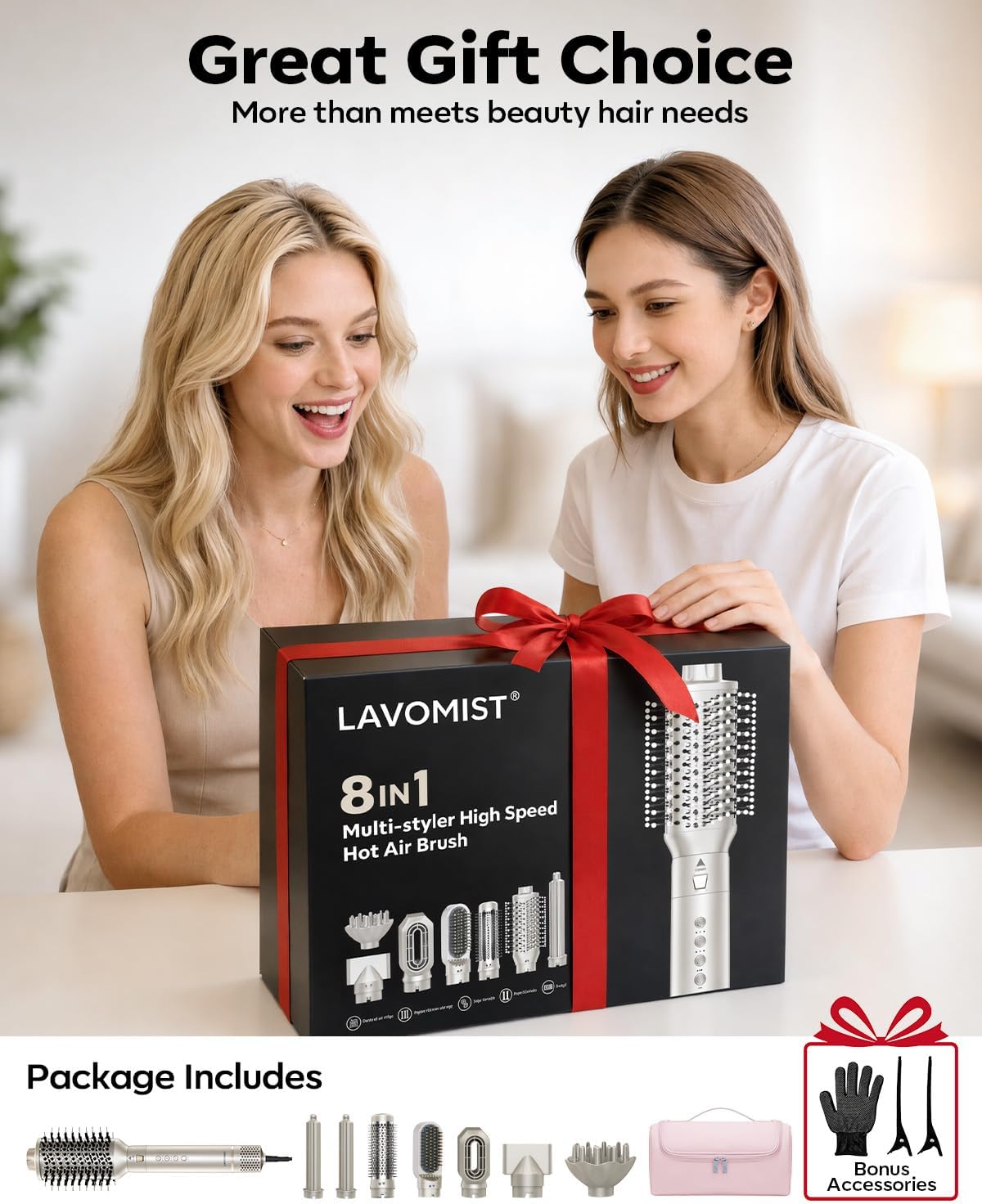 Lavomist 8-in-1 Travel Dual Voltage Hot Air Styler Set No Heat Damage | 110.000 RPM Ionic Hair Dryer Brush with Attachments for Volumize Curle Straighten Frizz-Free Blowout Gifts for Women Family