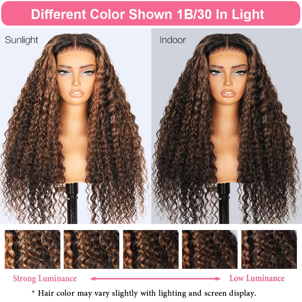 7x5 Deep Wave Highlight Ombre Glueless Wigs Human Hair Pre Plucked Pre Cut Wear and Go HD Lace 210 Density Deep Wave Lace Front Wigs Human Hair 26 Inch F1B/30 Balayage Drawstring Curly Wig for Women