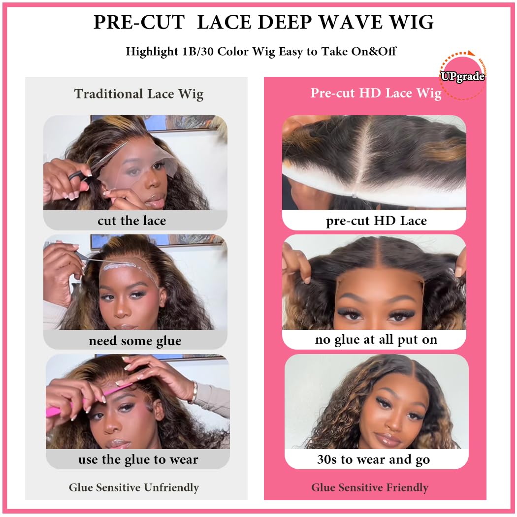 7x5 Deep Wave Highlight Ombre Glueless Wigs Human Hair Pre Plucked Pre Cut Wear and Go HD Lace 210 Density Deep Wave Lace Front Wigs Human Hair 26 Inch F1B/30 Balayage Drawstring Curly Wig for Women
