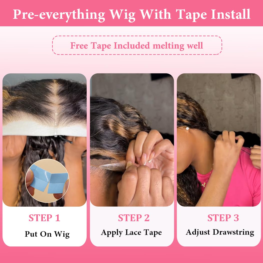 7x5 Deep Wave Highlight Ombre Glueless Wigs Human Hair Pre Plucked Pre Cut Wear and Go HD Lace 210 Density Deep Wave Lace Front Wigs Human Hair 26 Inch F1B/30 Balayage Drawstring Curly Wig for Women