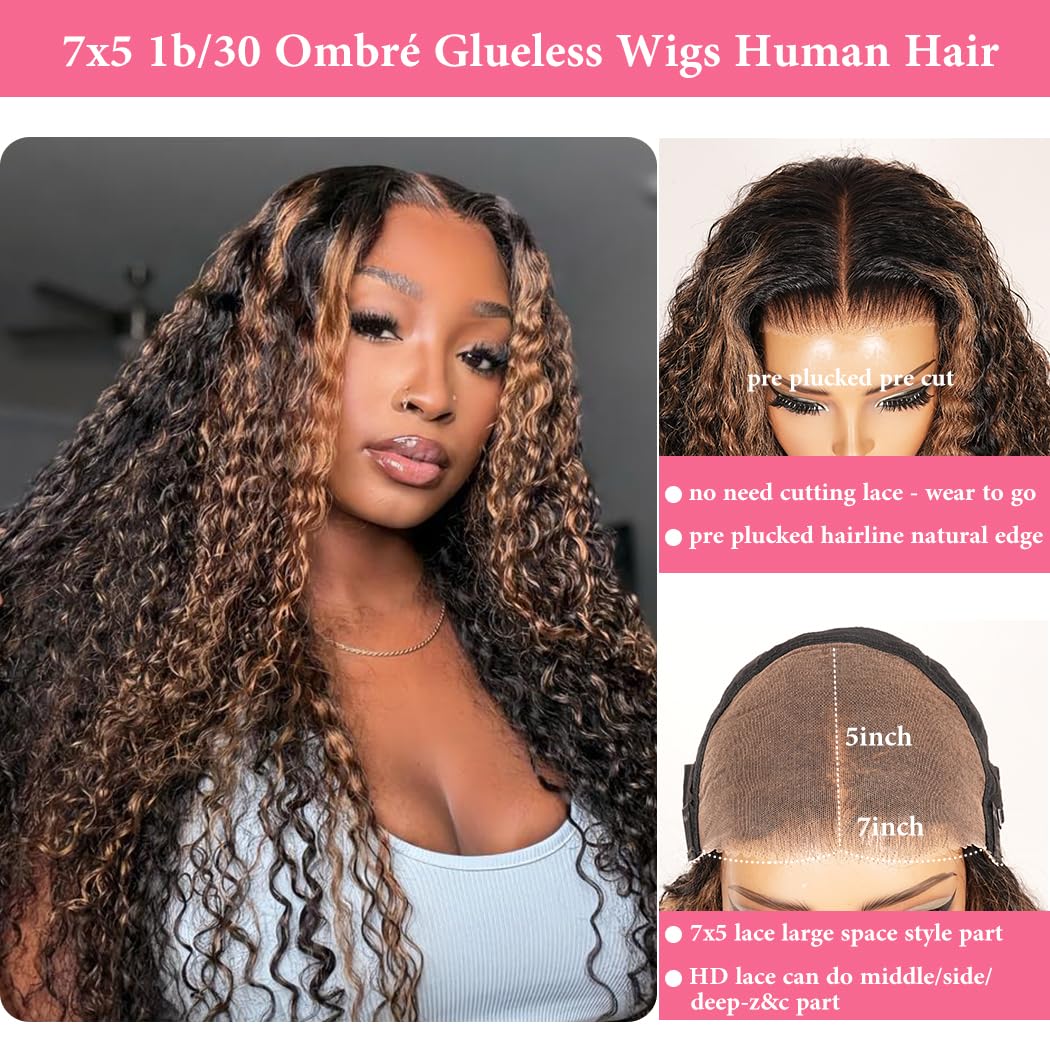 7x5 Deep Wave Highlight Ombre Glueless Wigs Human Hair Pre Plucked Pre Cut Wear and Go HD Lace 210 Density Deep Wave Lace Front Wigs Human Hair 26 Inch F1B/30 Balayage Drawstring Curly Wig for Women