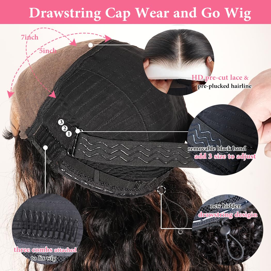 7x5 Deep Wave Highlight Ombre Glueless Wigs Human Hair Pre Plucked Pre Cut Wear and Go HD Lace 210 Density Deep Wave Lace Front Wigs Human Hair 26 Inch F1B/30 Balayage Drawstring Curly Wig for Women