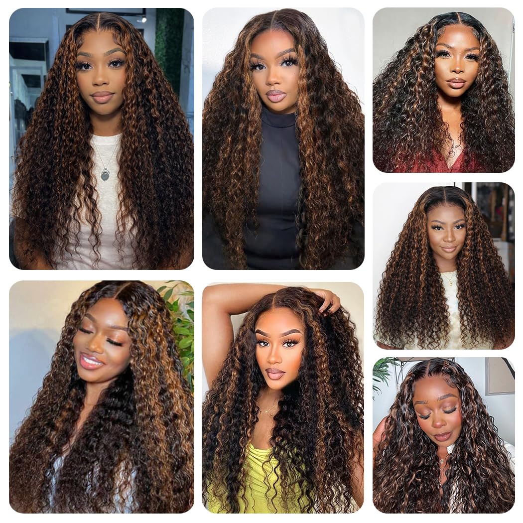 7x5 Deep Wave Highlight Ombre Glueless Wigs Human Hair Pre Plucked Pre Cut Wear and Go HD Lace 210 Density Deep Wave Lace Front Wigs Human Hair 26 Inch F1B/30 Balayage Drawstring Curly Wig for Women
