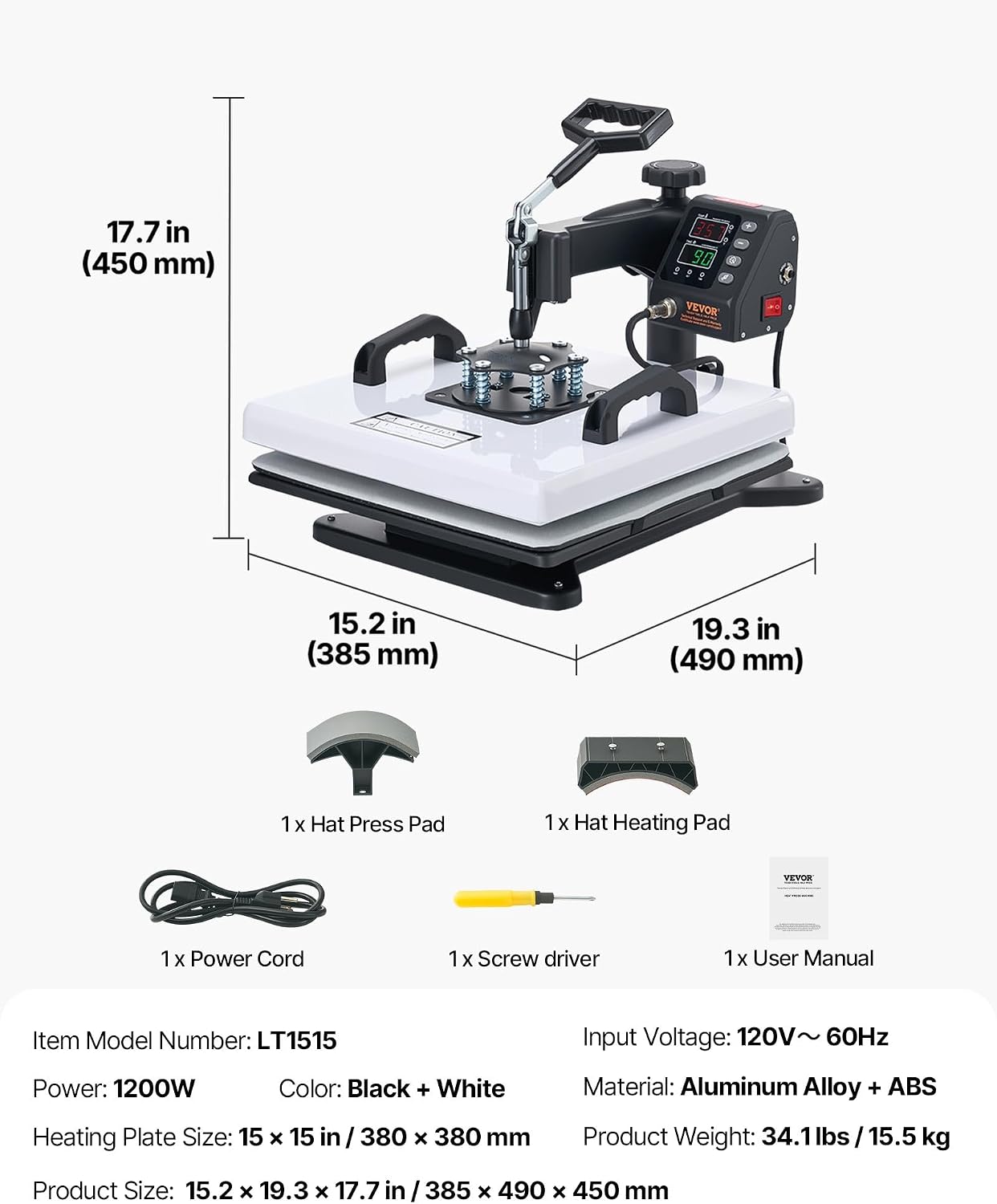 VEVOR Heat Press Machine. 15 x 15 in. 2-in-1 Multifunction. 360° Swing Away. 1200W Double Tube Fast and Even Heating. Digital Precise Control. Sublimation Press Machine for T-Shirts. Hats. Caps | Multifunction Transfer Machine Sublimation for Caps Mugs Plates Aluminum Pots 360° Swing Away PTFE Insulation Coating 1200 W