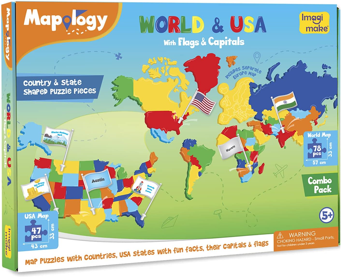 Imagimake Mapology USA & World Map Puzzle. Learn Countries. Flags. Capitals | Educational Toy. Match Flags & Capitals. Back to School Gift for Boys & Girls Ages 5.6.7.8.9.10.11.12 Years Old