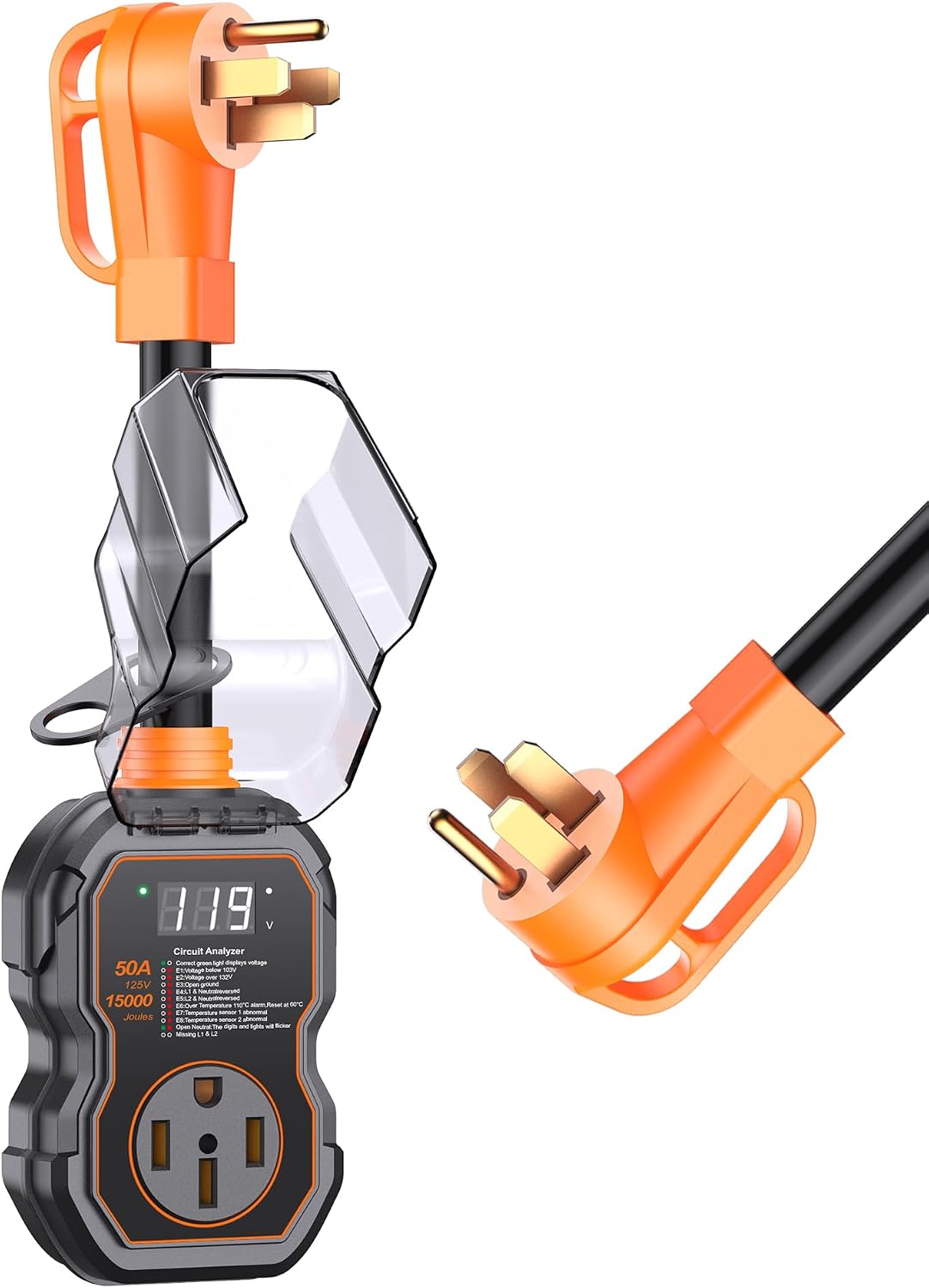 GEARGO πππ° Smart 50 Amp Surge Protector for RV with LED Display. 15000J Upgraded Power Surges Voltage Protection Circuit Analyze for Camper with Waterpoof Cover (Orange)