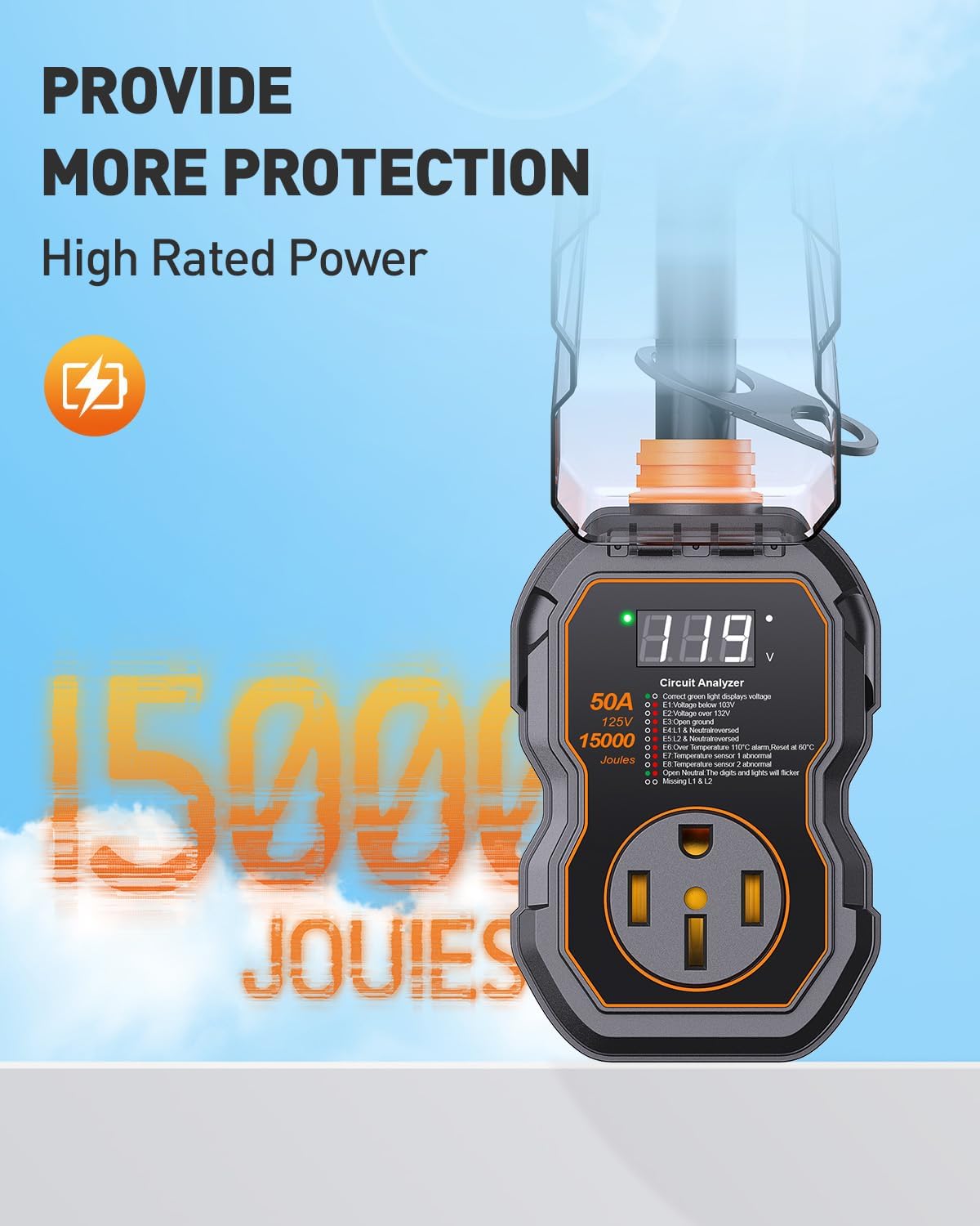 GEARGO πππ° Smart 50 Amp Surge Protector for RV with LED Display. 15000J Upgraded Power Surges Voltage Protection Circuit Analyze for Camper with Waterpoof Cover (Orange)