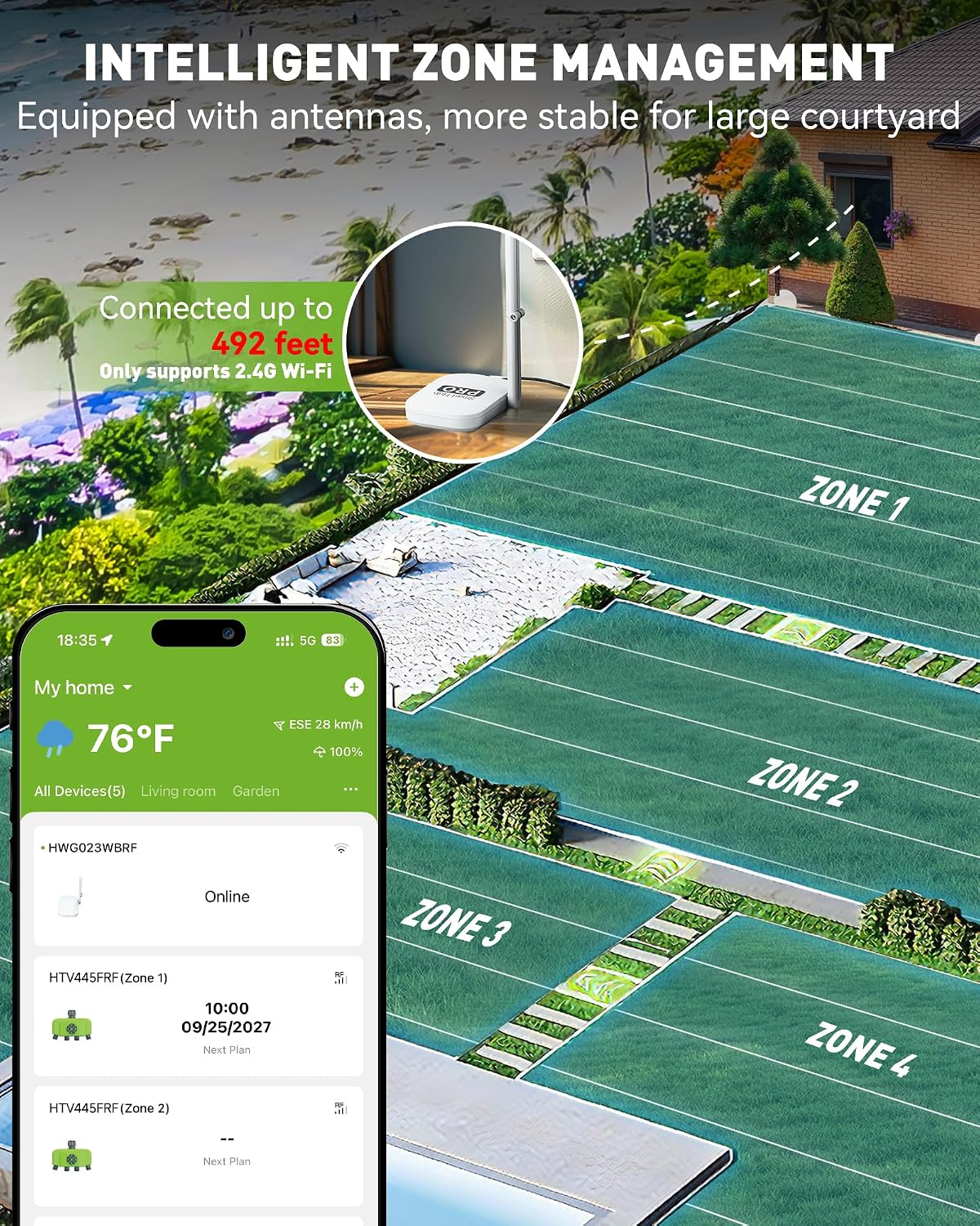RAINPOINT WiFi Smart Sprinkler Timer. Outdoor Garden Hose Water Timer with Solid Brass Inlet & Outlet. Custom Irrigation Programs via App. Voice Control. Green